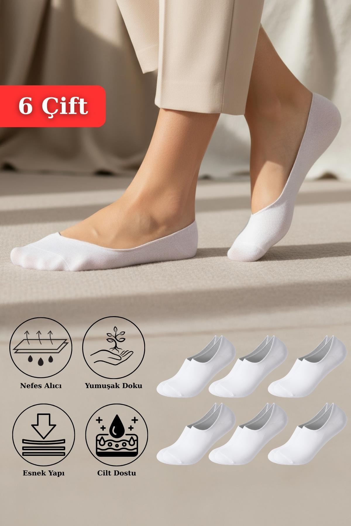 6 Çift Kadın Beyaz Esnek Pamuklu Örme Babet Çorap 1020 - RAYS