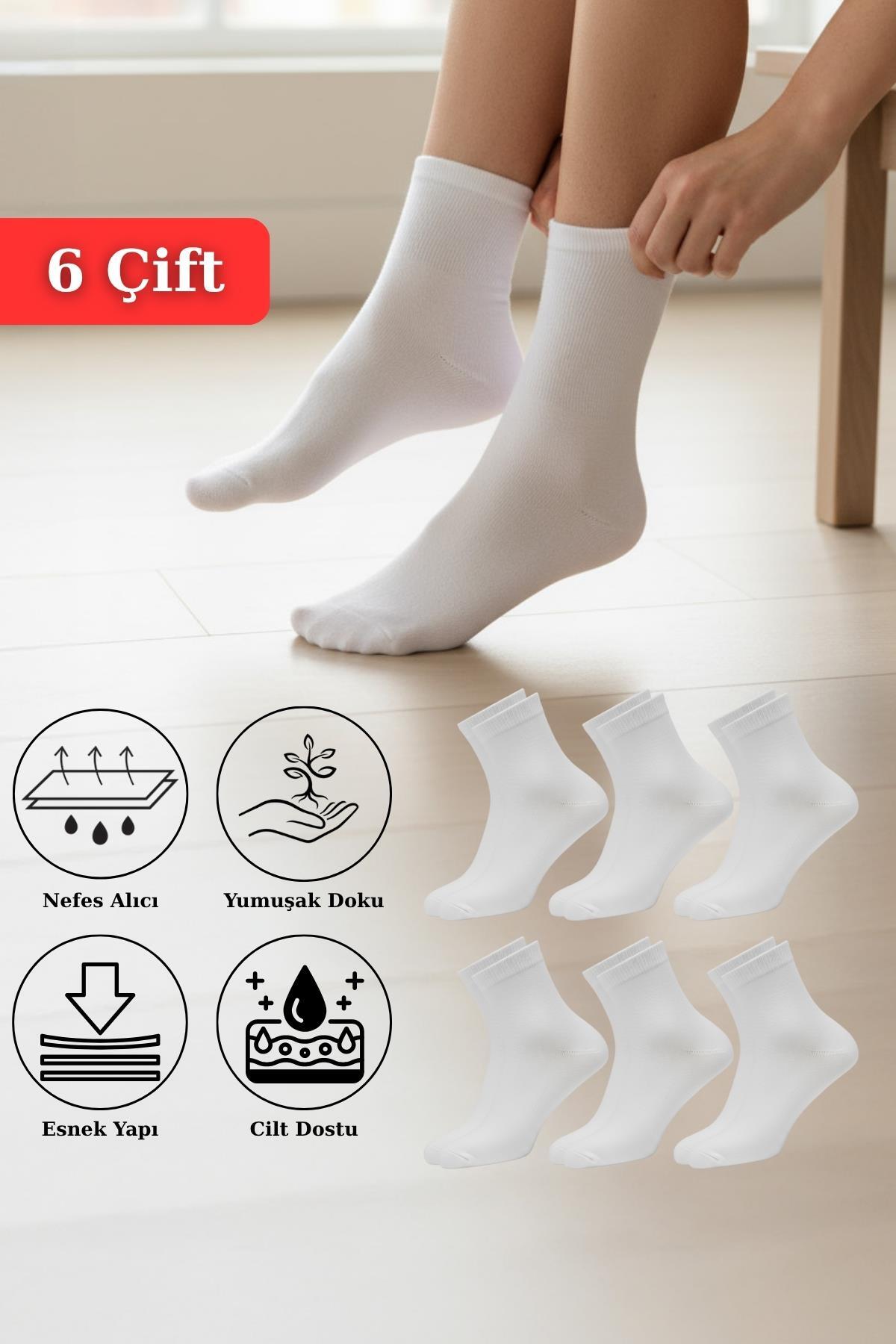6 Çift Kadın Beyaz Esnek Pamuklu Örme Soket Çorap 1021 - 1