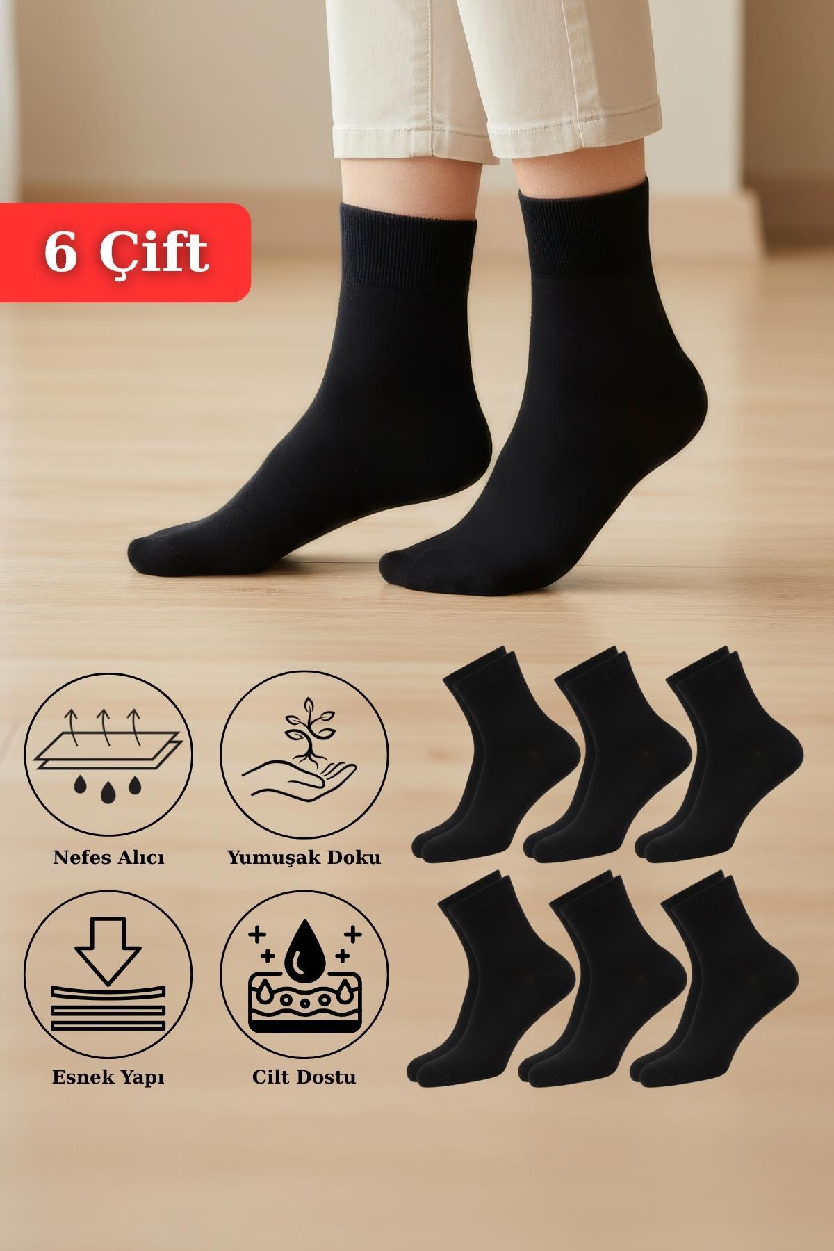 6 Çift Kadın Siyah Esnek Pamuklu Örme Soket Çorap 1021 - RAYS