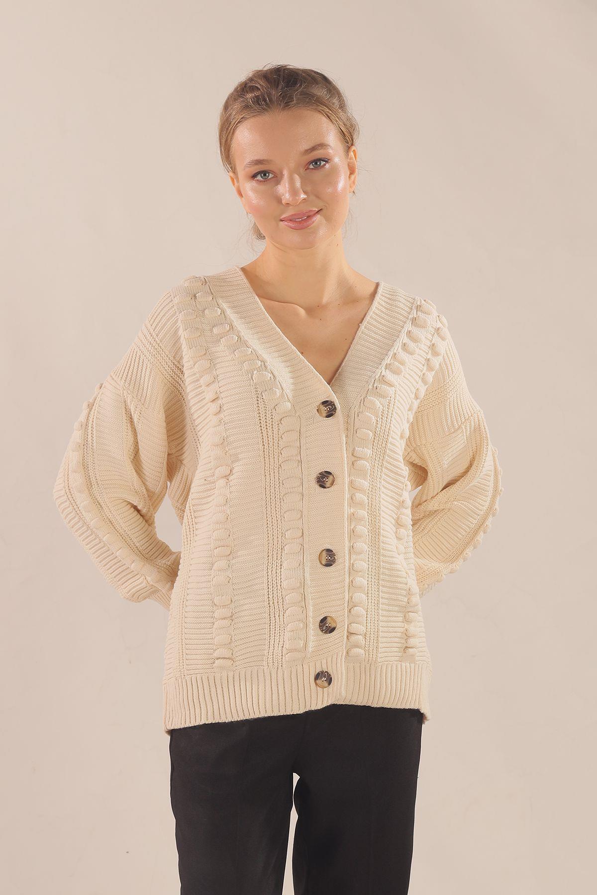 6002 Düğmeli Balon Kol Hırka Ekru - 2