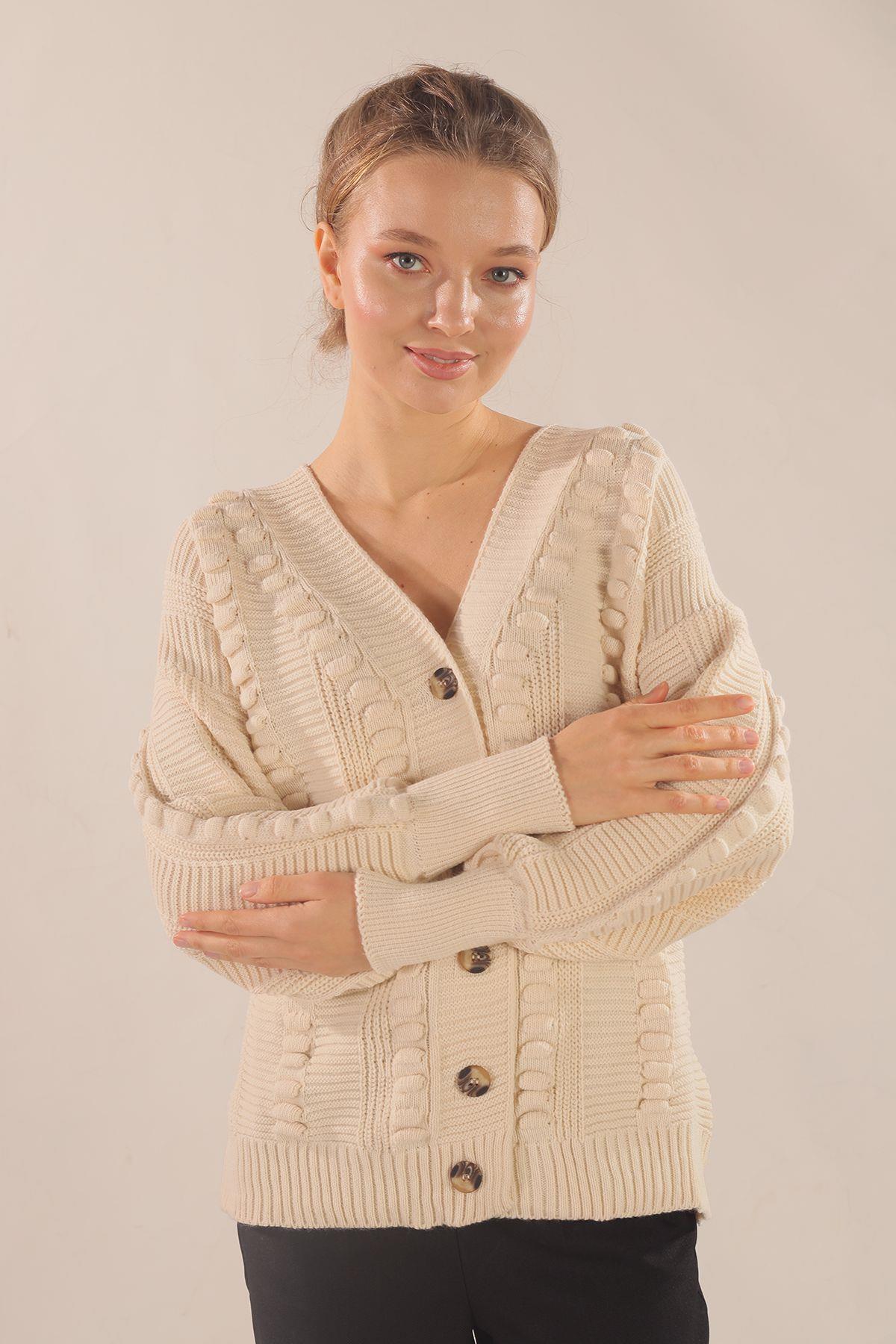 Ekru Düğmeli Balon Kol Hırka 6002 - 1