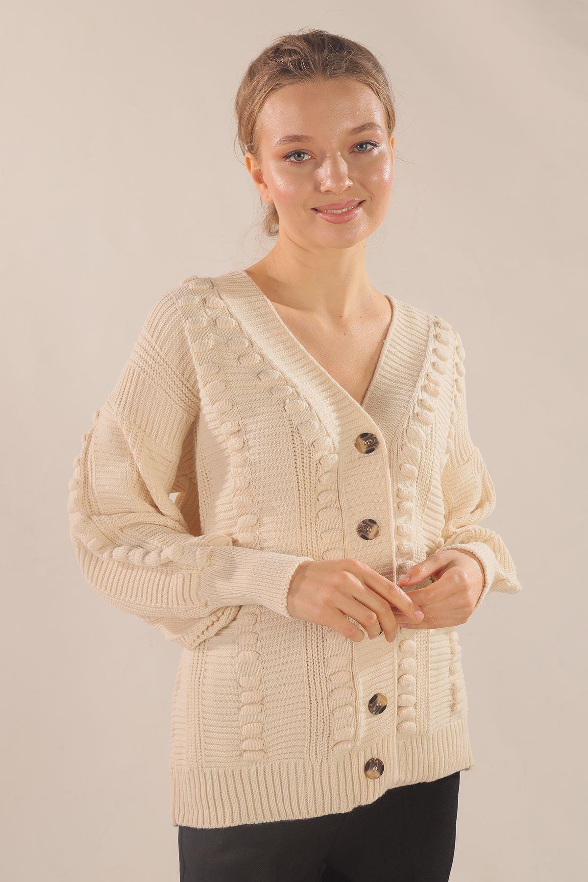 Ekru Düğmeli Balon Kol Hırka 6002 - 3