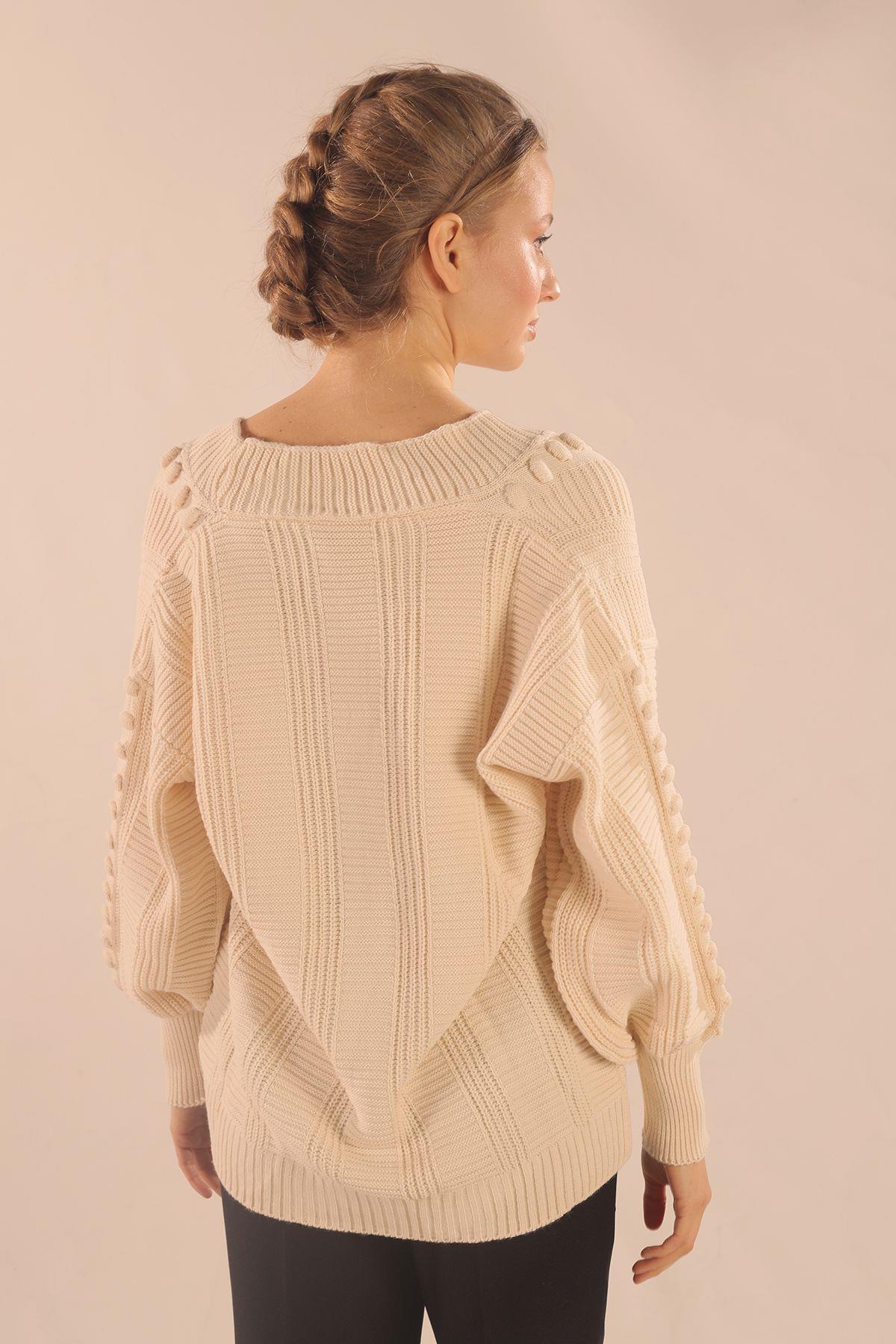 Ekru Düğmeli Balon Kol Hırka 6002 - 5