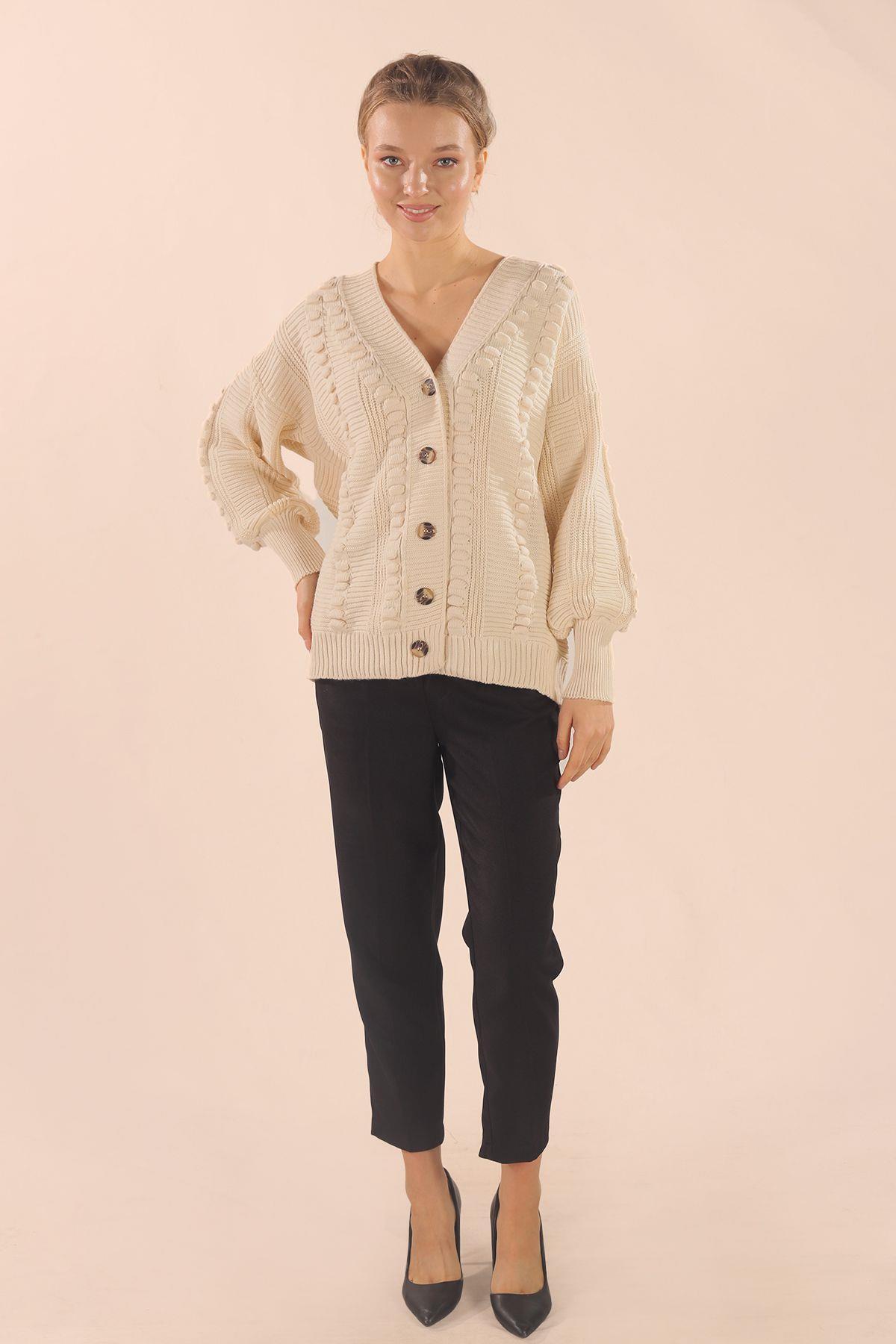 Ekru Düğmeli Balon Kol Hırka 6002 - 6