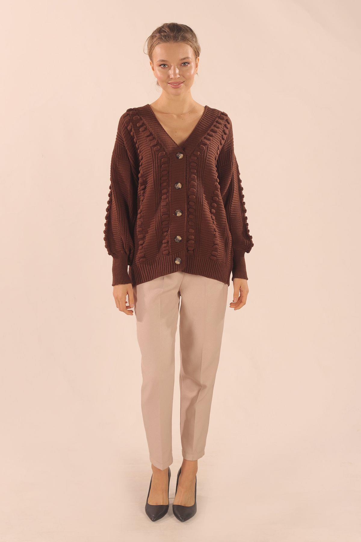 6002 Düğmeli Balon Kol Hırka Kahve - 5