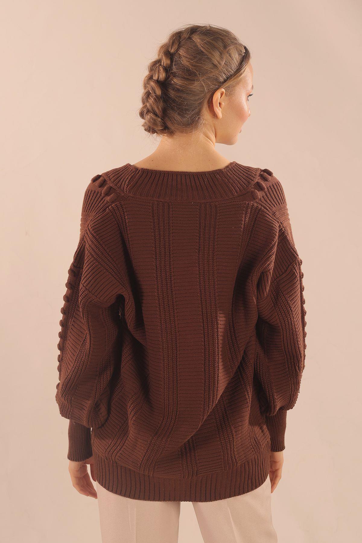 6002 Düğmeli Balon Kol Hırka Kahve - 4