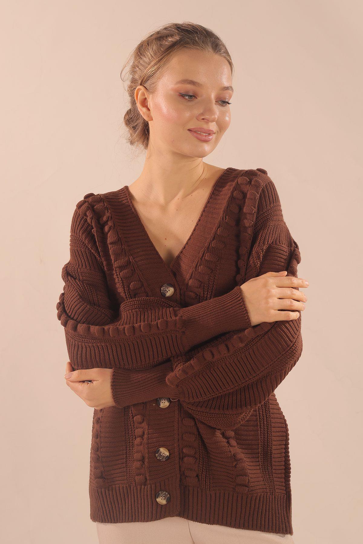 Kahve Düğmeli Balon Kol Hırka 6002 - 1