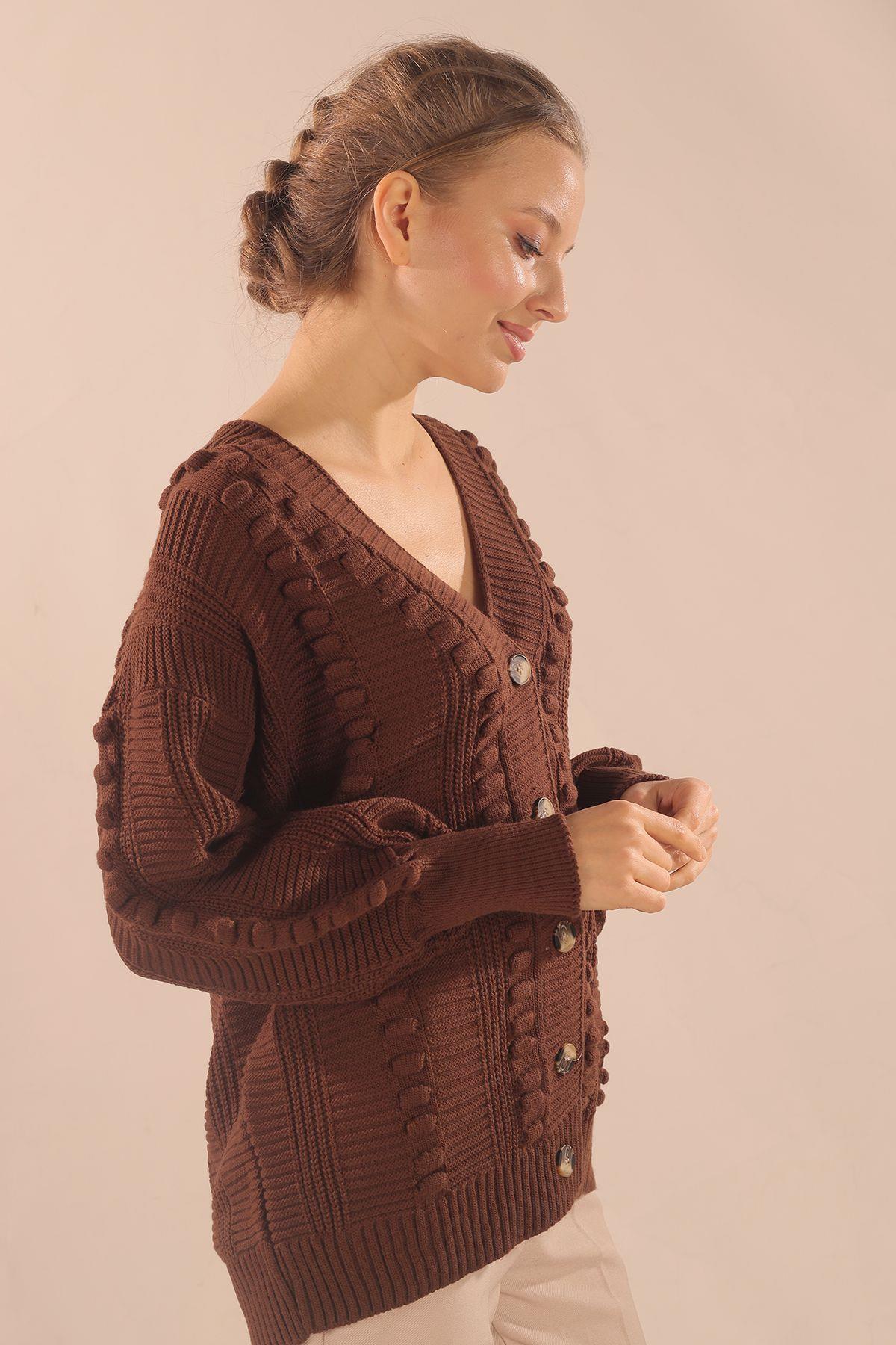 Kahve Düğmeli Balon Kol Hırka 6002 - 2