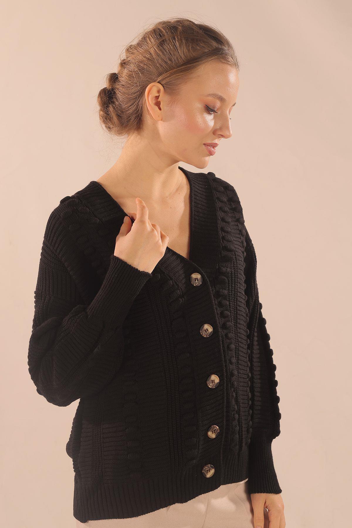 6002 Düğmeli Balon Kol Hırka Siyah - 3