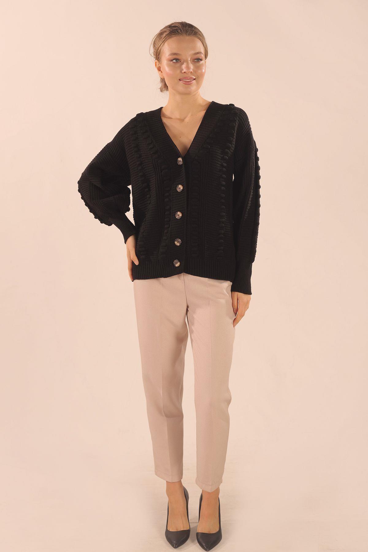 6002 Düğmeli Balon Kol Hırka Siyah - 2