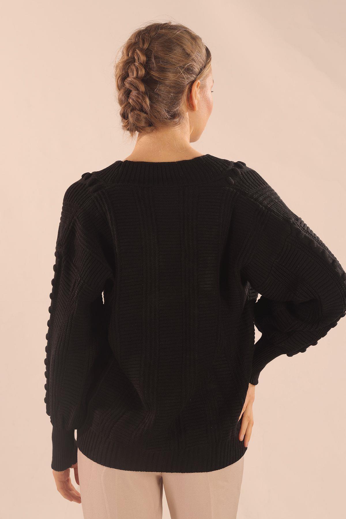 6002 Düğmeli Balon Kol Hırka Siyah - 5