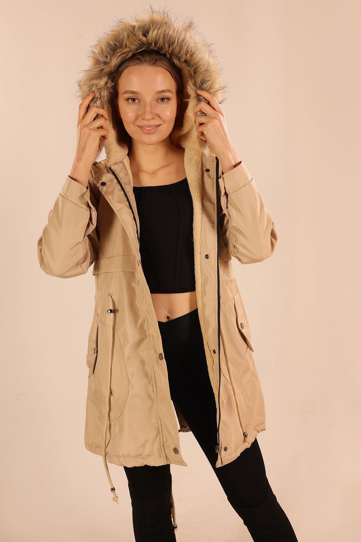 60045 İçi Kürklü Kapüşonlu Mont Koyu Taş - 4