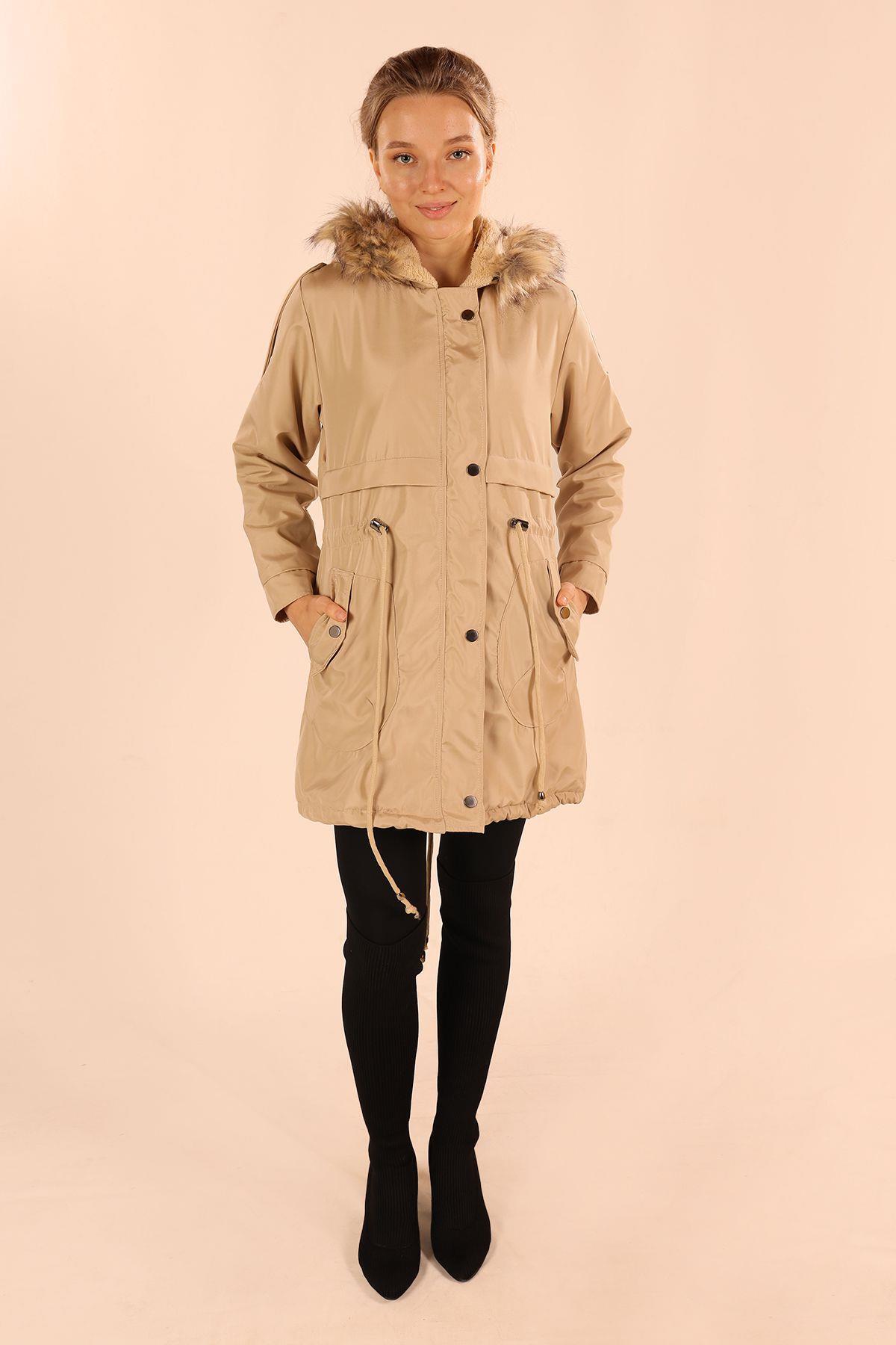 60045 İçi Kürklü Kapüşonlu Mont Koyu Taş - 6