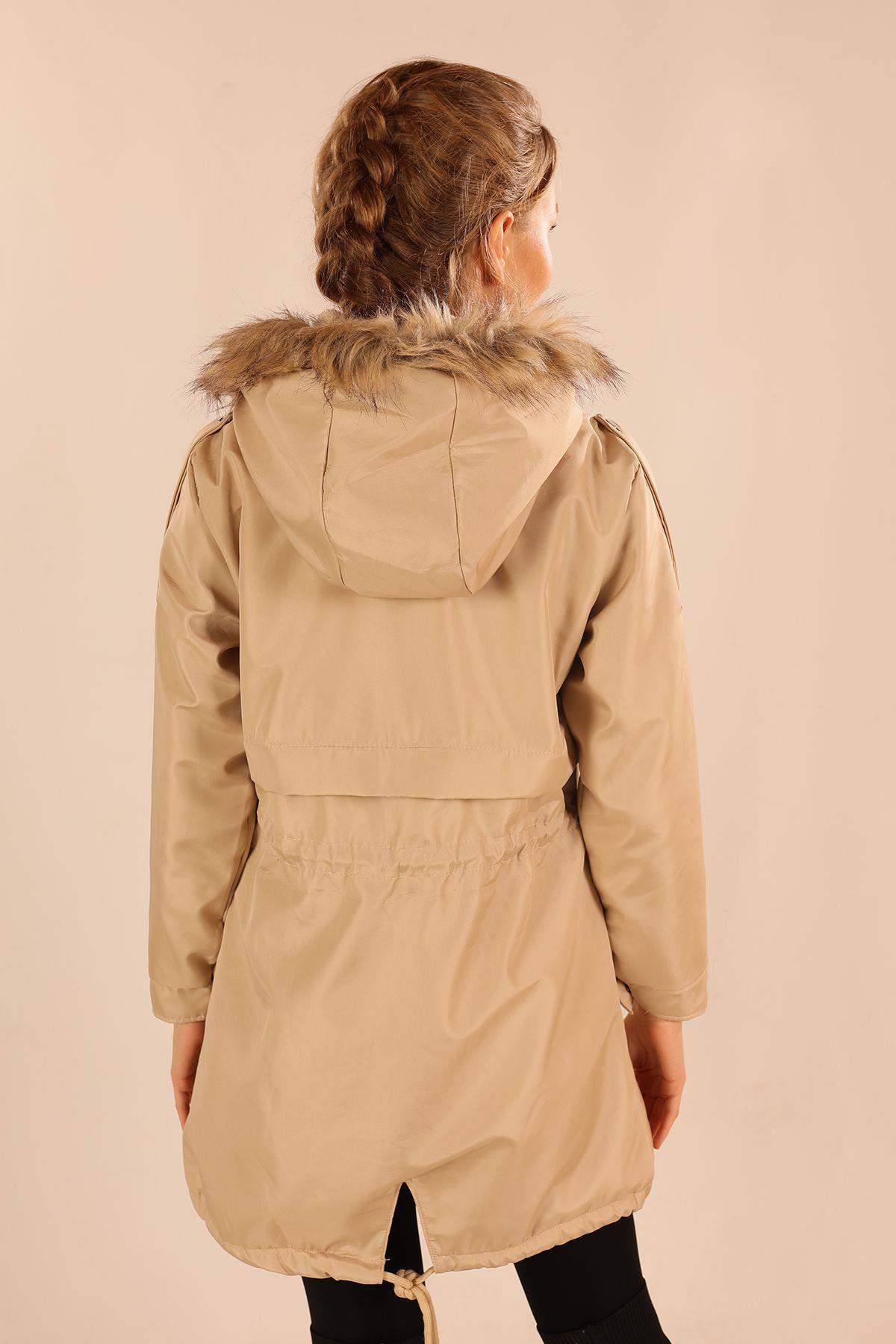 60045 İçi Kürklü Kapüşonlu Mont Koyu Taş - 8