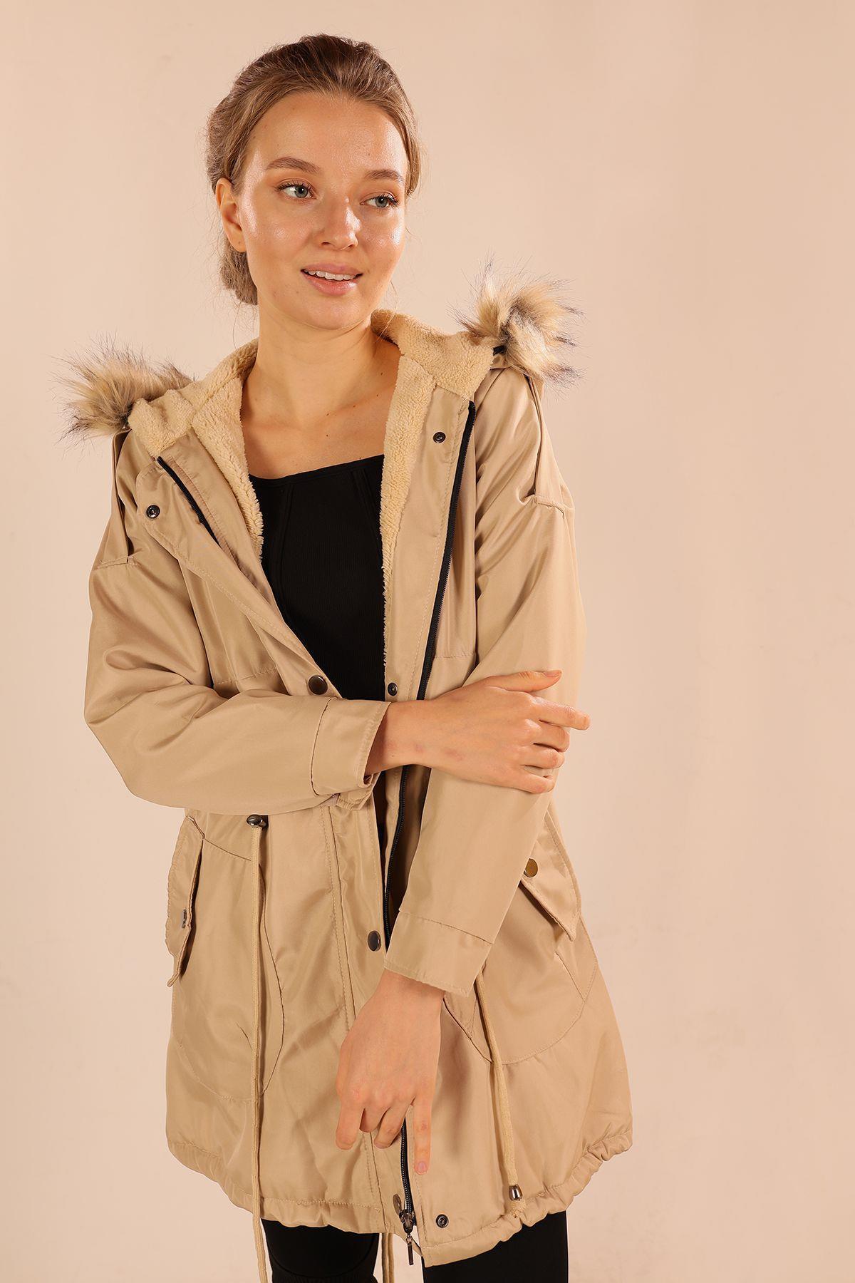 Koyu Taş İçi Kürklü Kapüşonlu Mont 60045 