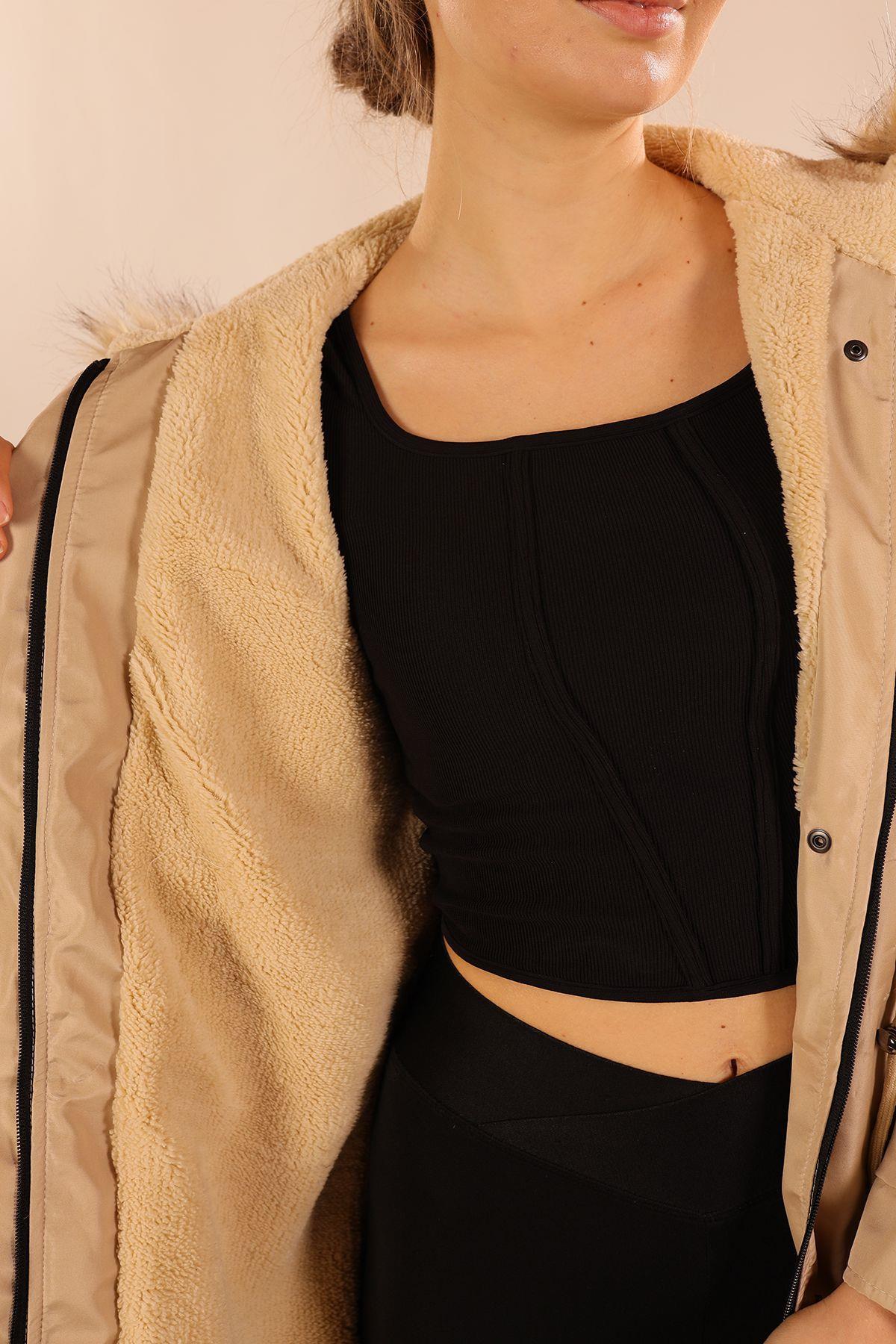 Koyu Taş İçi Kürklü Kapüşonlu Mont 60045 - 3