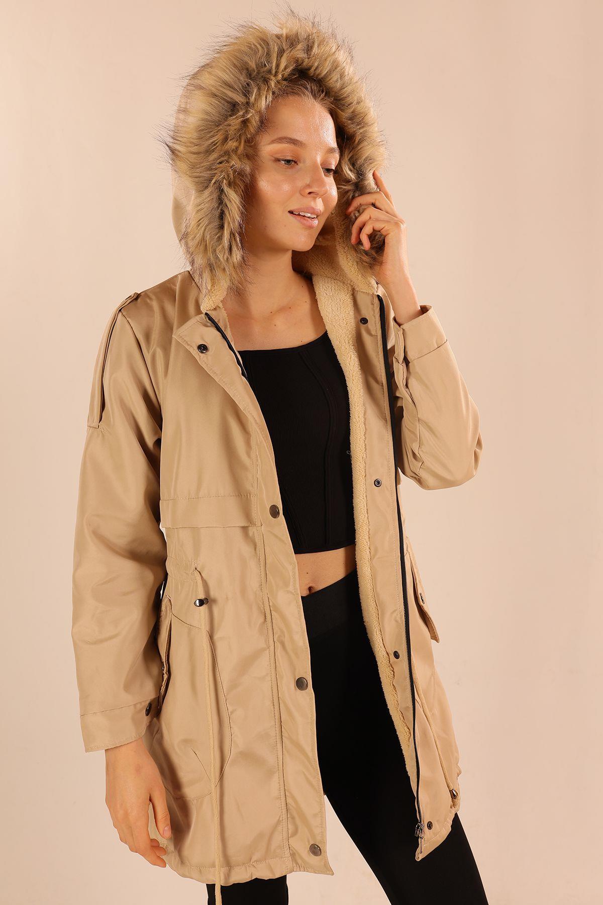 Koyu Taş İçi Kürklü Kapüşonlu Mont 60045 - 5