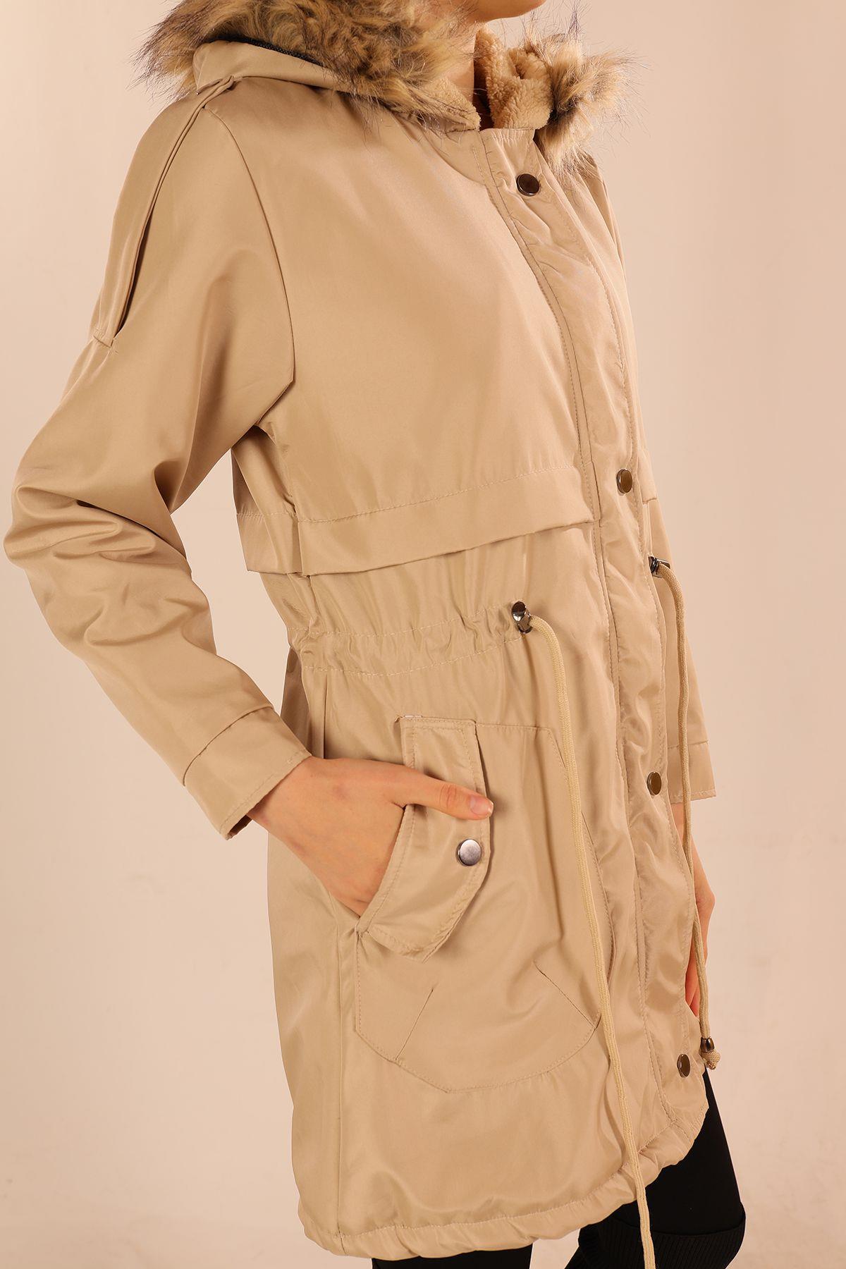 Koyu Taş İçi Kürklü Kapüşonlu Mont 60045 - 7