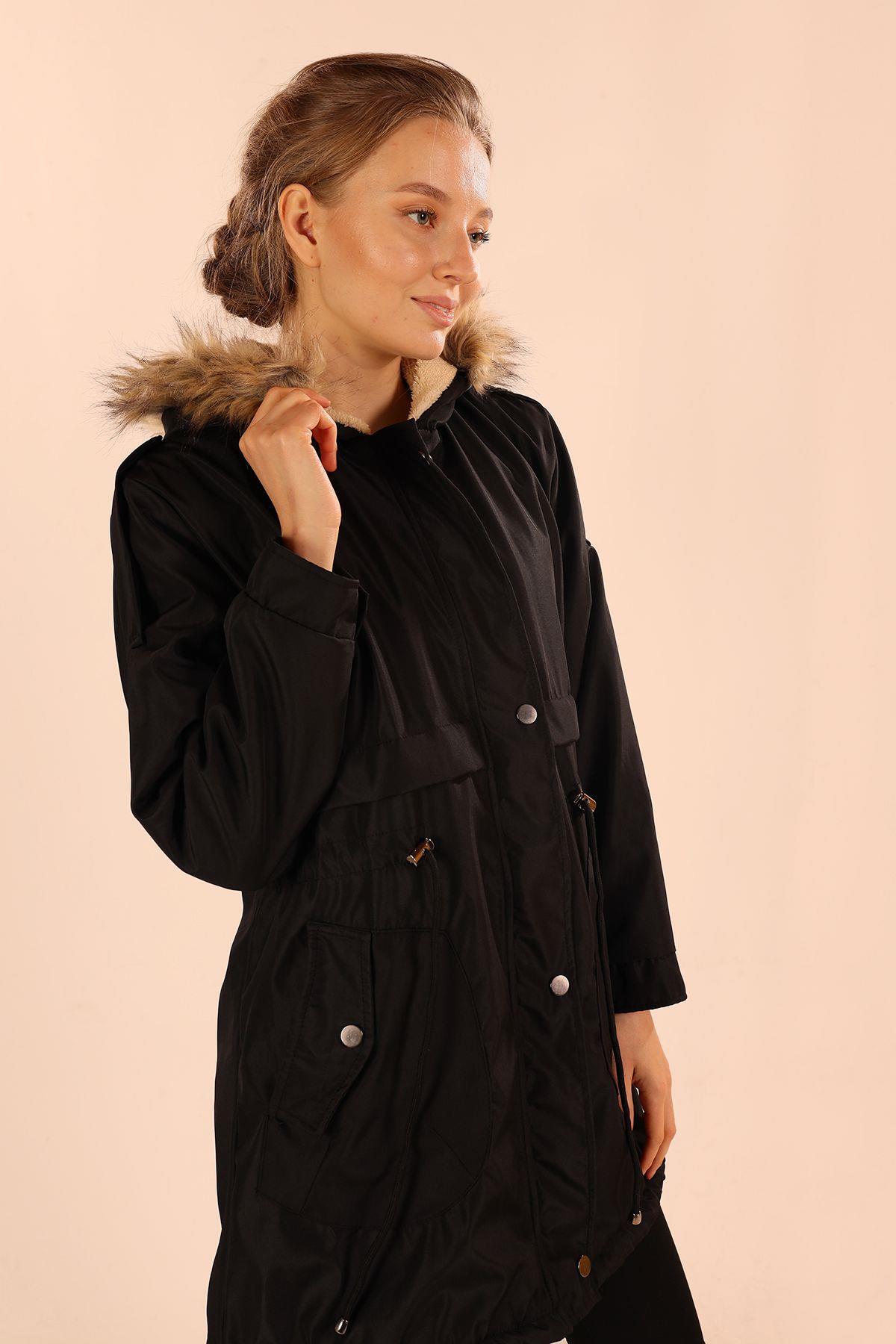 60045 İçi Kürklü Kapüşonlu Mont Siyah - 6