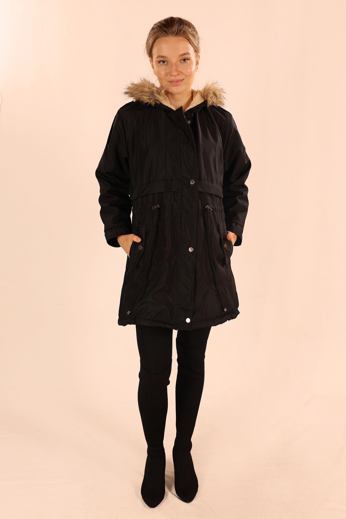 Siyah İçi Kürklü Kapüşonlu Mont 60045 - 5