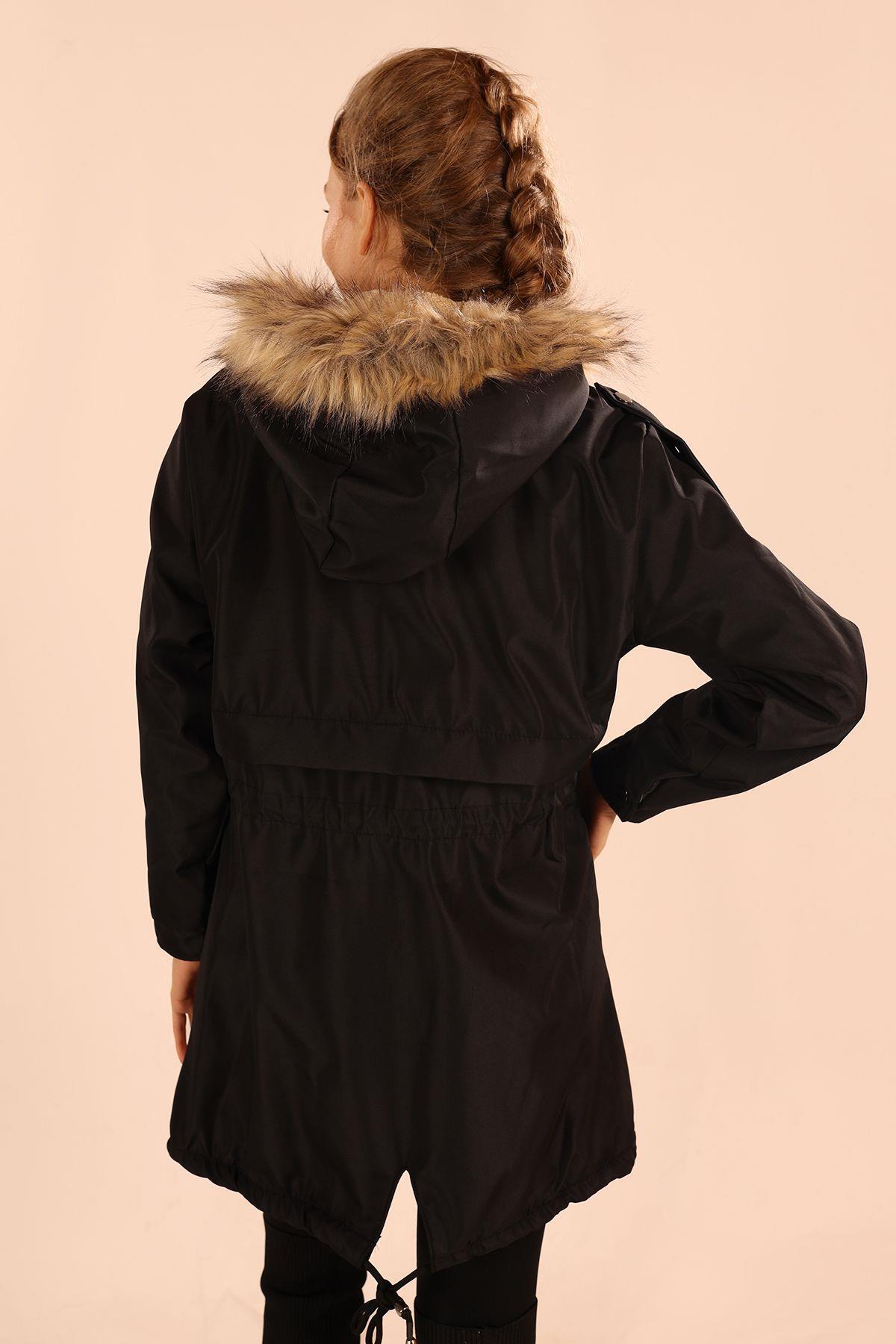 Siyah İçi Kürklü Kapüşonlu Mont 60045 - 7