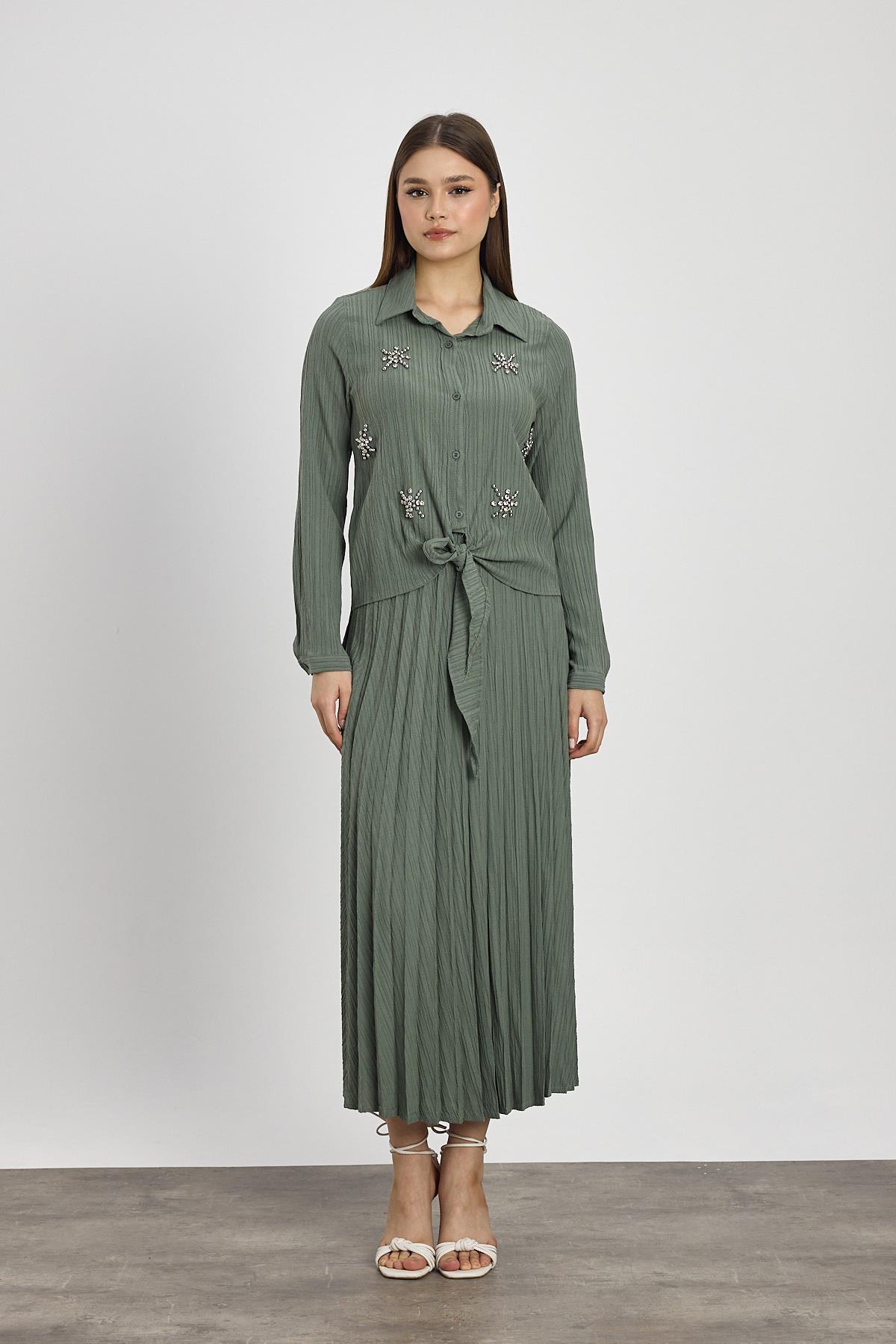 Haki Taş Detay Etek Takım 6006 - 1