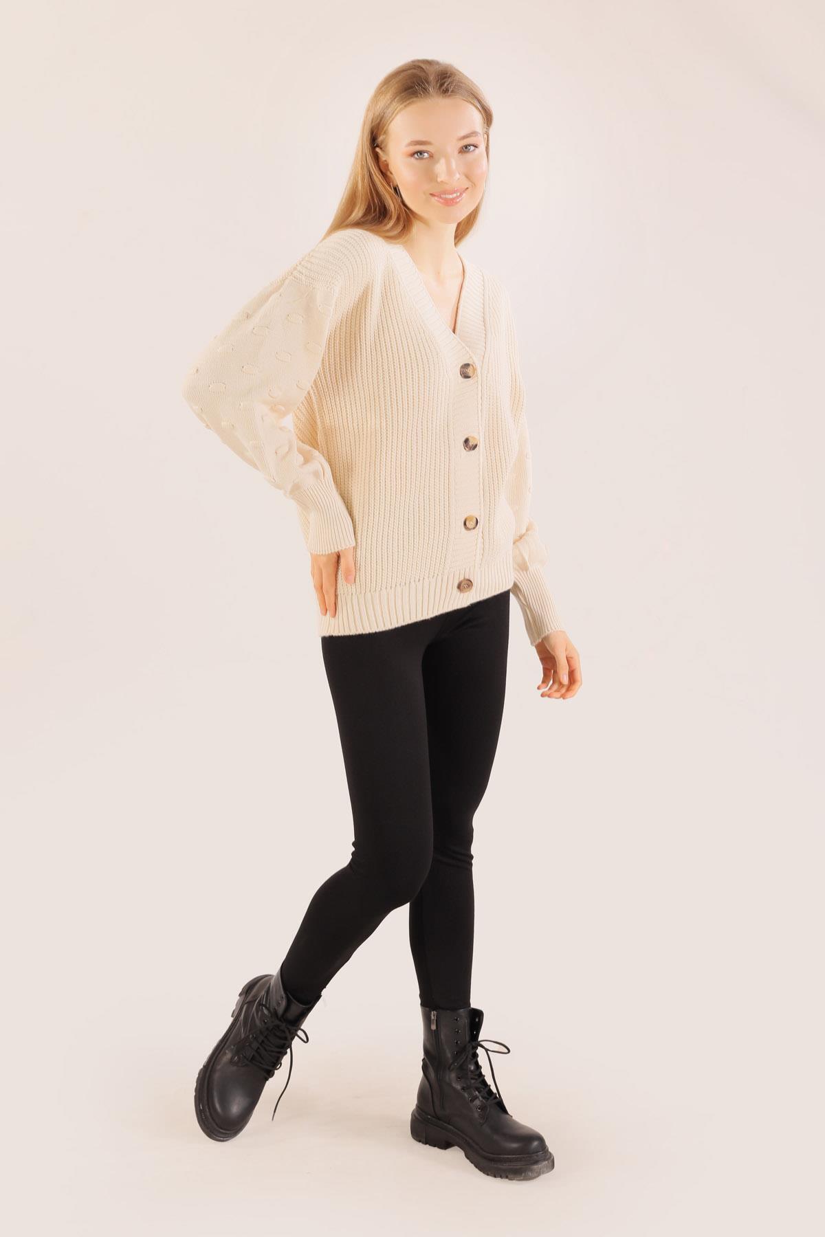 6007 Balon Kol Detay Hırka Ekru - 1