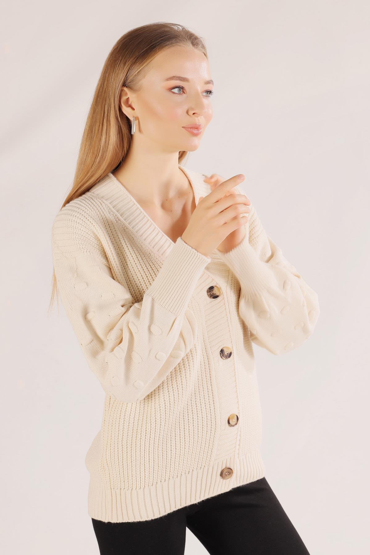 Ekru Balon Kol Detay Hırka 6007 - 4