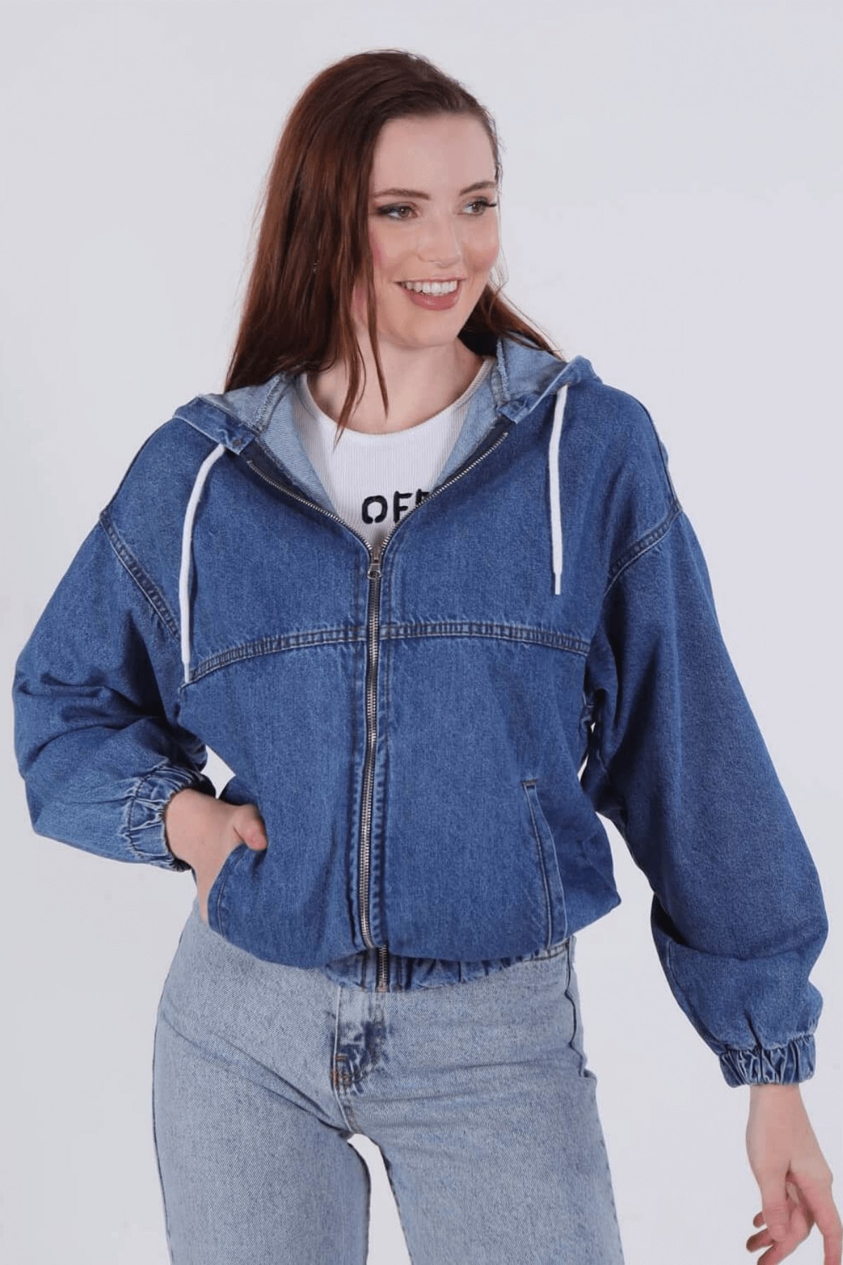 6008 Kapüşonlu Kot Ceket Mavi 