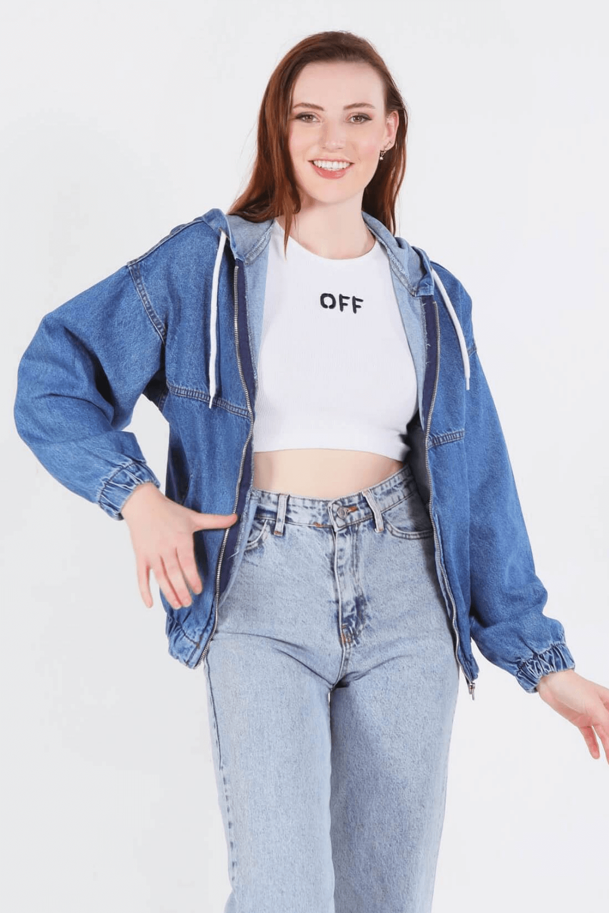 6008 Kapüşonlu Kot Ceket Mavi - 2