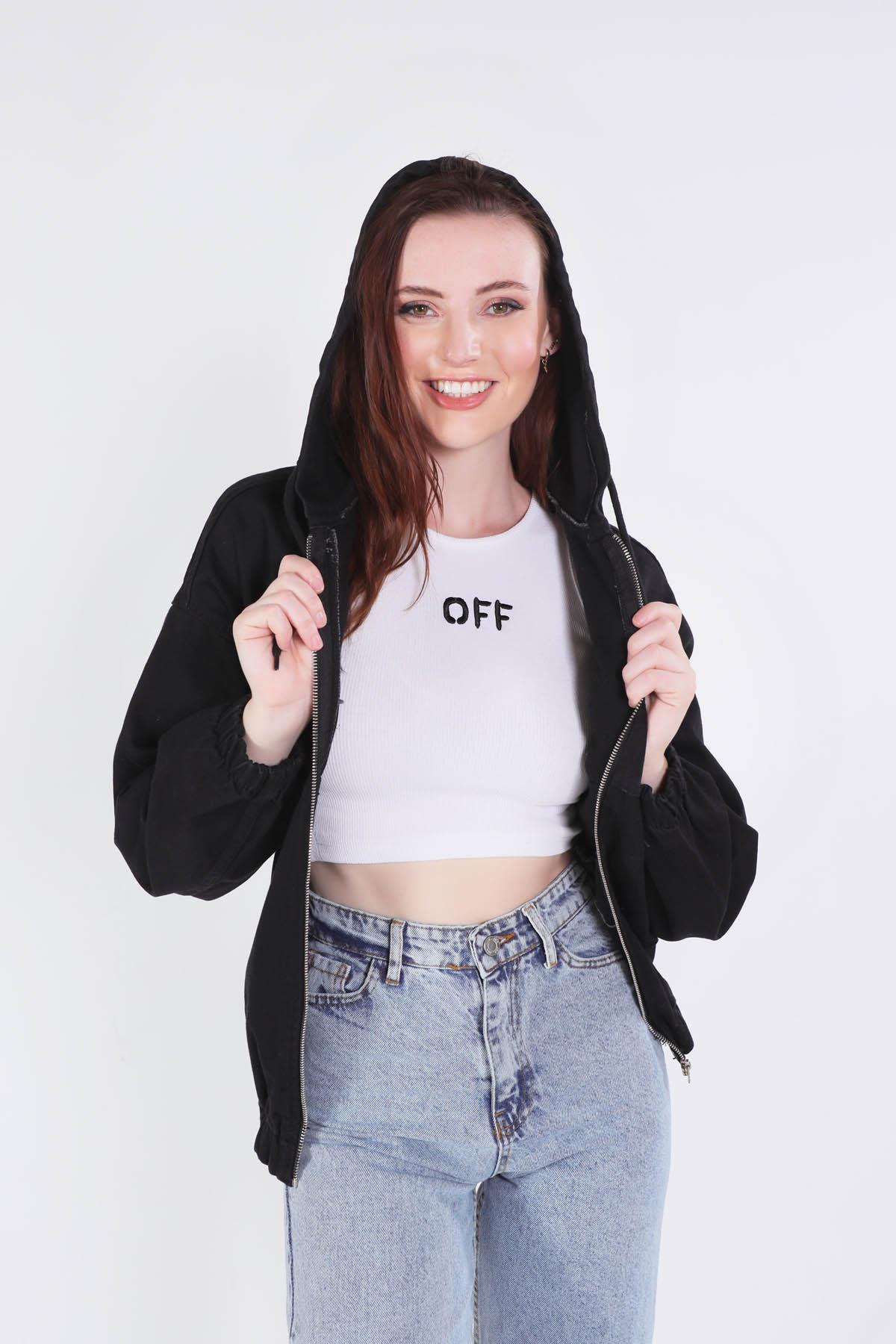 Siyah Kapüşonlu Kot Ceket 6008 - 1