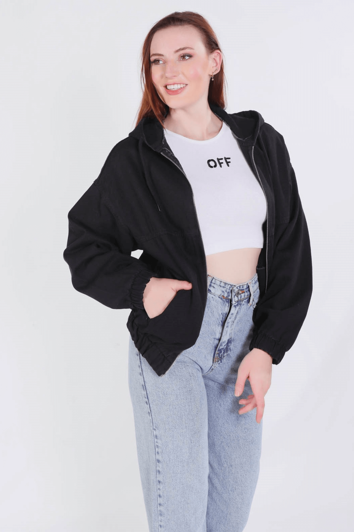 Siyah Kapüşonlu Kot Ceket 6008 - 2