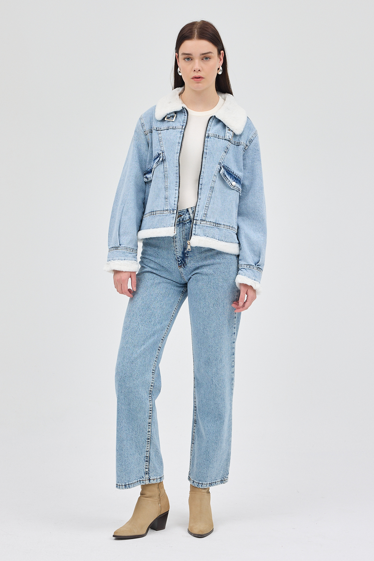 Buzkar İçi Kürklü Crop Jean Kadın Ceket 6010 - RAYS