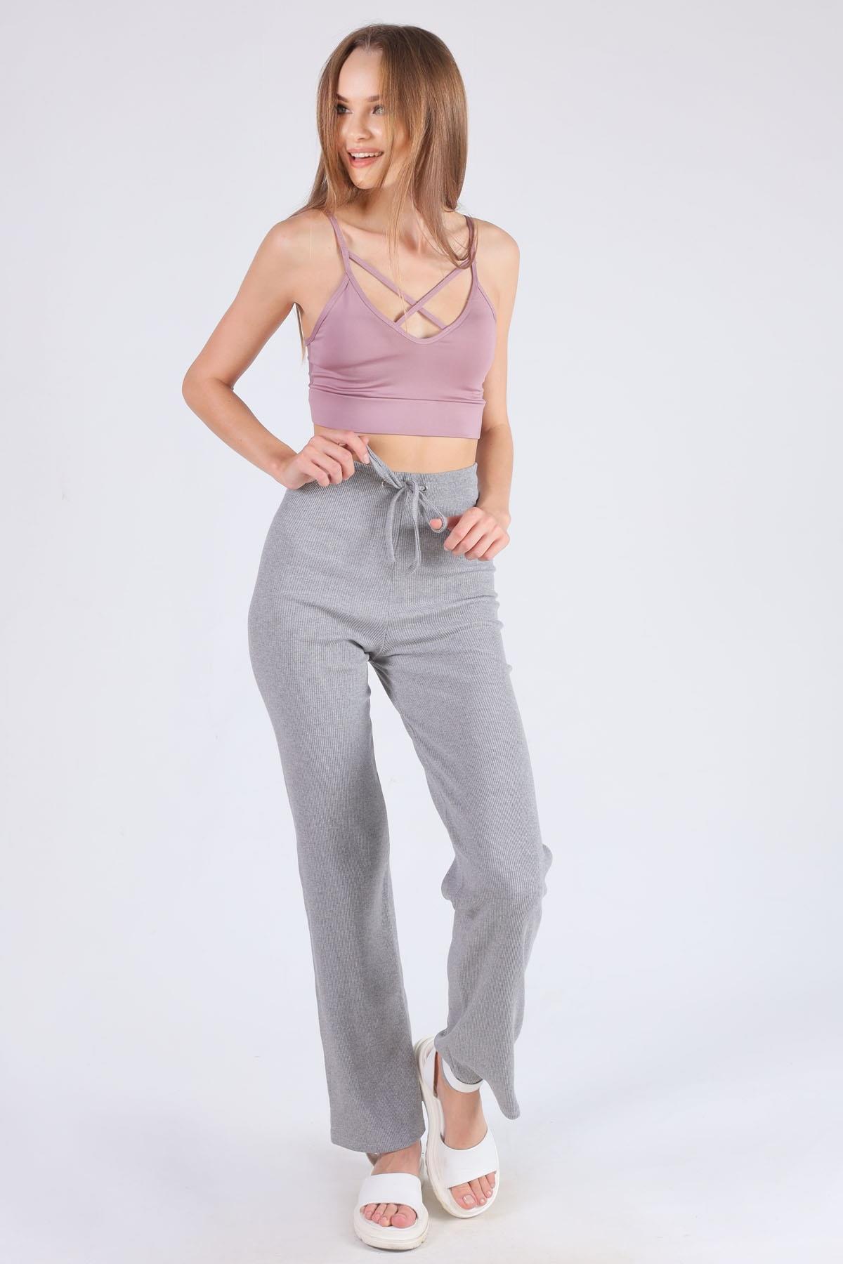 6011-1 Bel Bağcık Detay Pantolon Gri - 2