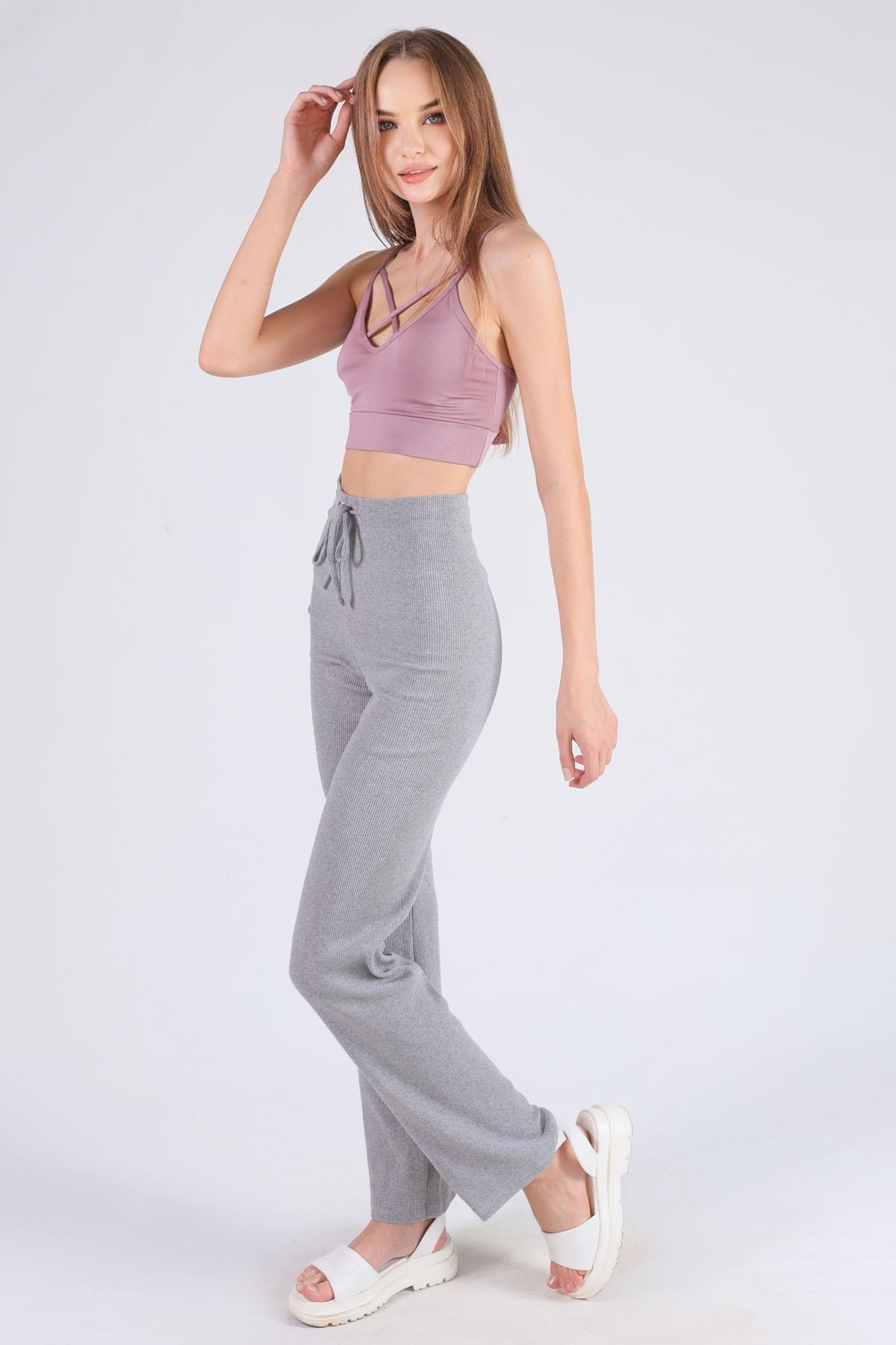 6011-1 Bel Bağcık Detay Pantolon Gri - 3