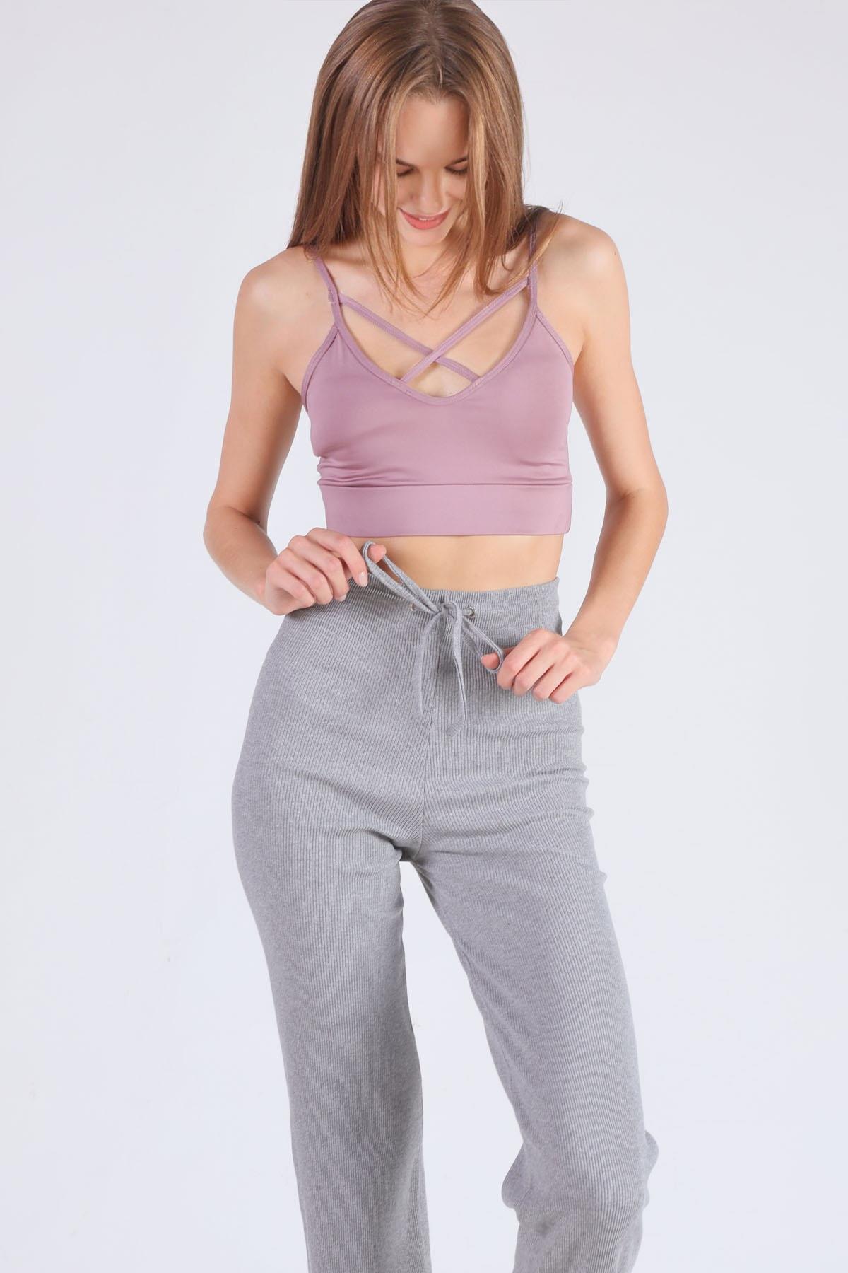 Gri Bel Bağcık Detay Pantolon 6011-1 