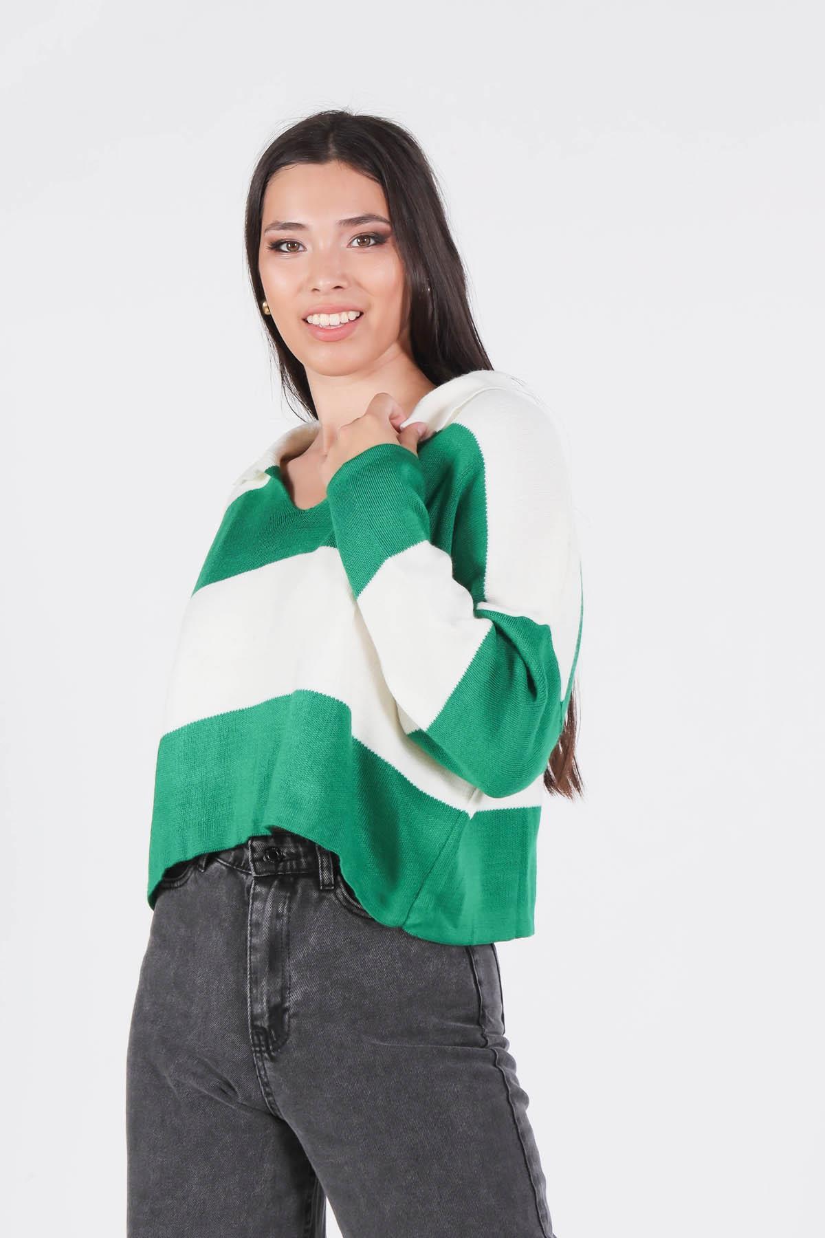Benetton Yeşili Çizgili Polo Yaka Kazak 6014 