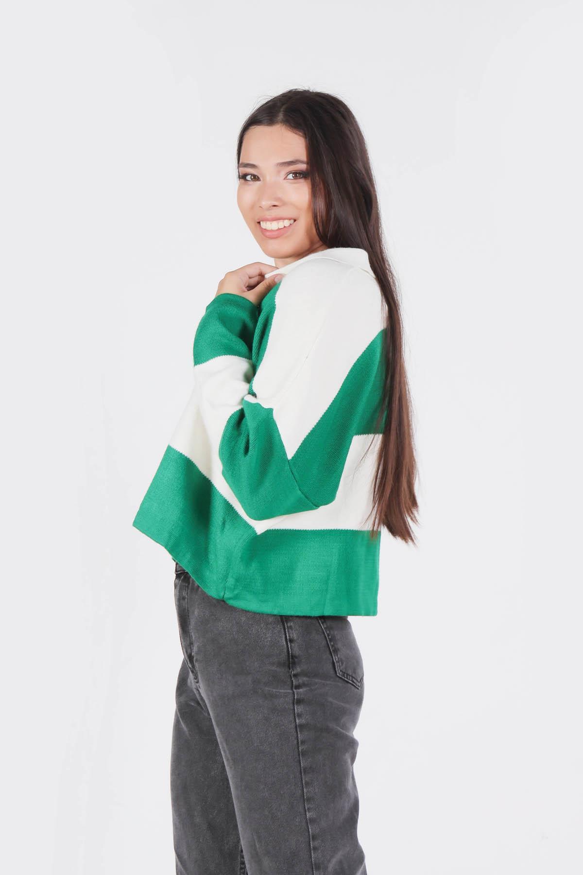 Benetton Yeşili Çizgili Polo Yaka Kazak 6014 - 2