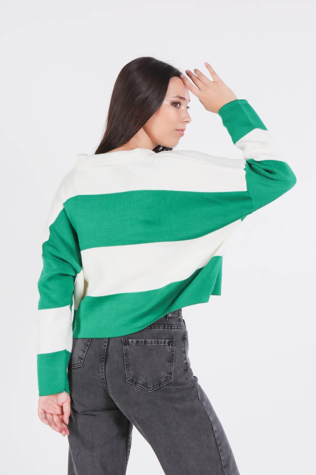 Benetton Yeşili Çizgili Polo Yaka Kazak 6014 - 4