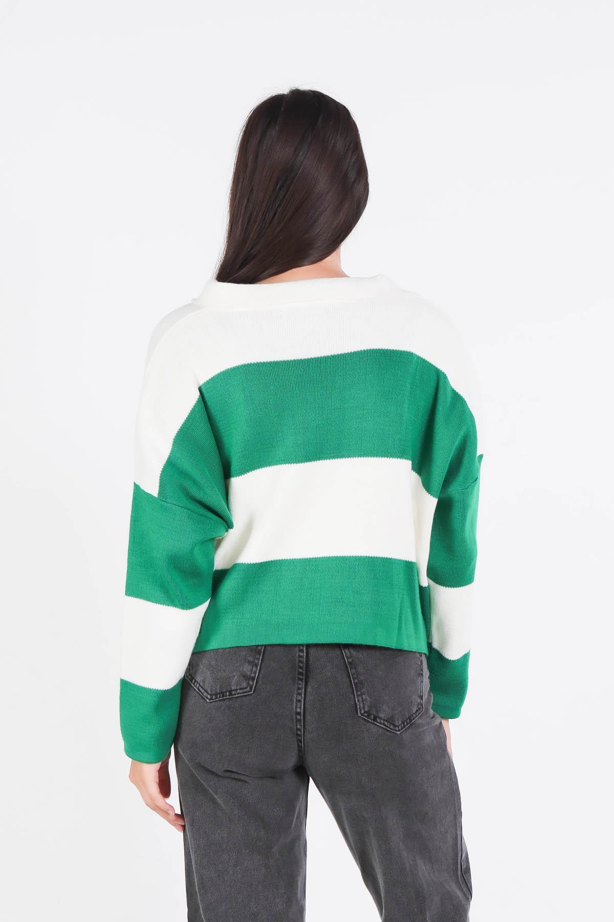 Benetton Yeşili Çizgili Polo Yaka Kazak 6014 - 3