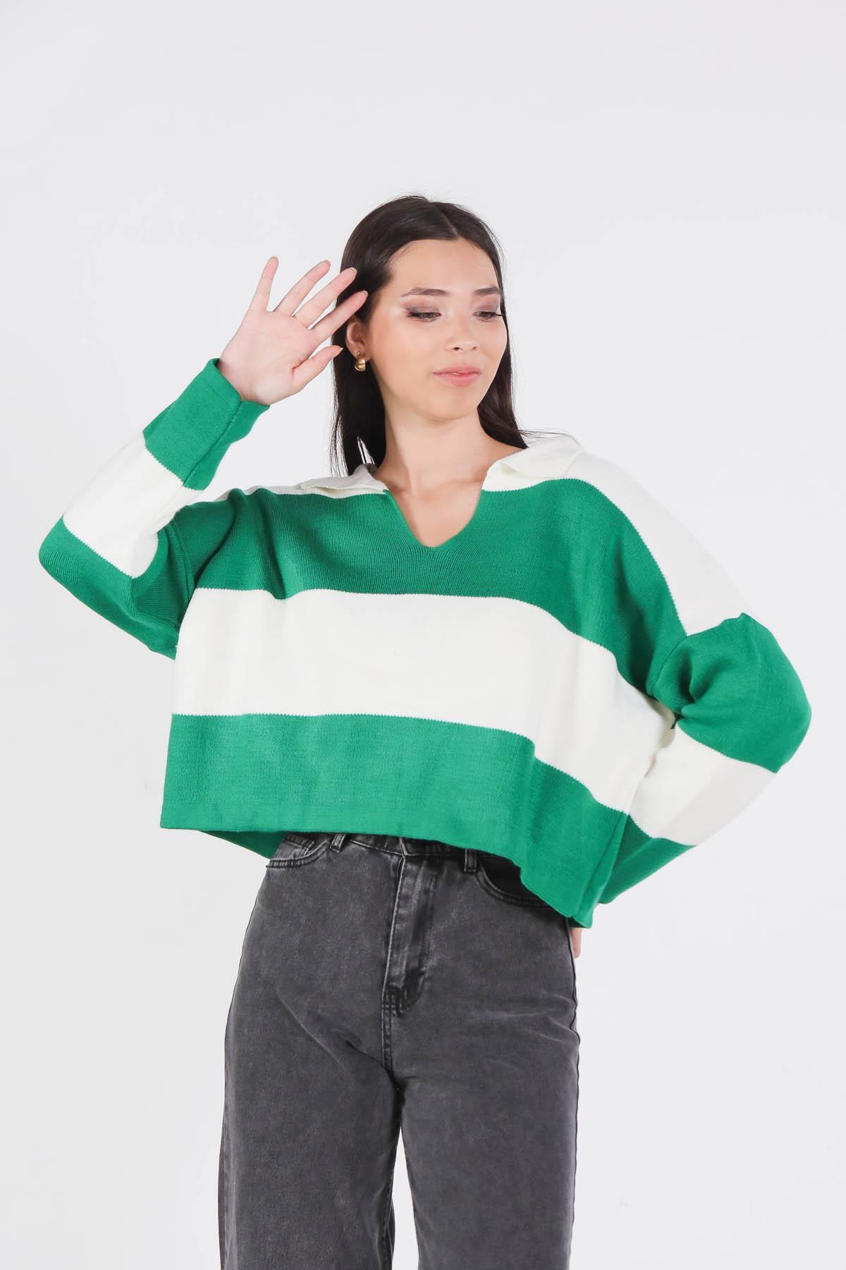 Benetton Yeşili Çizgili Polo Yaka Kazak 6014 - 5