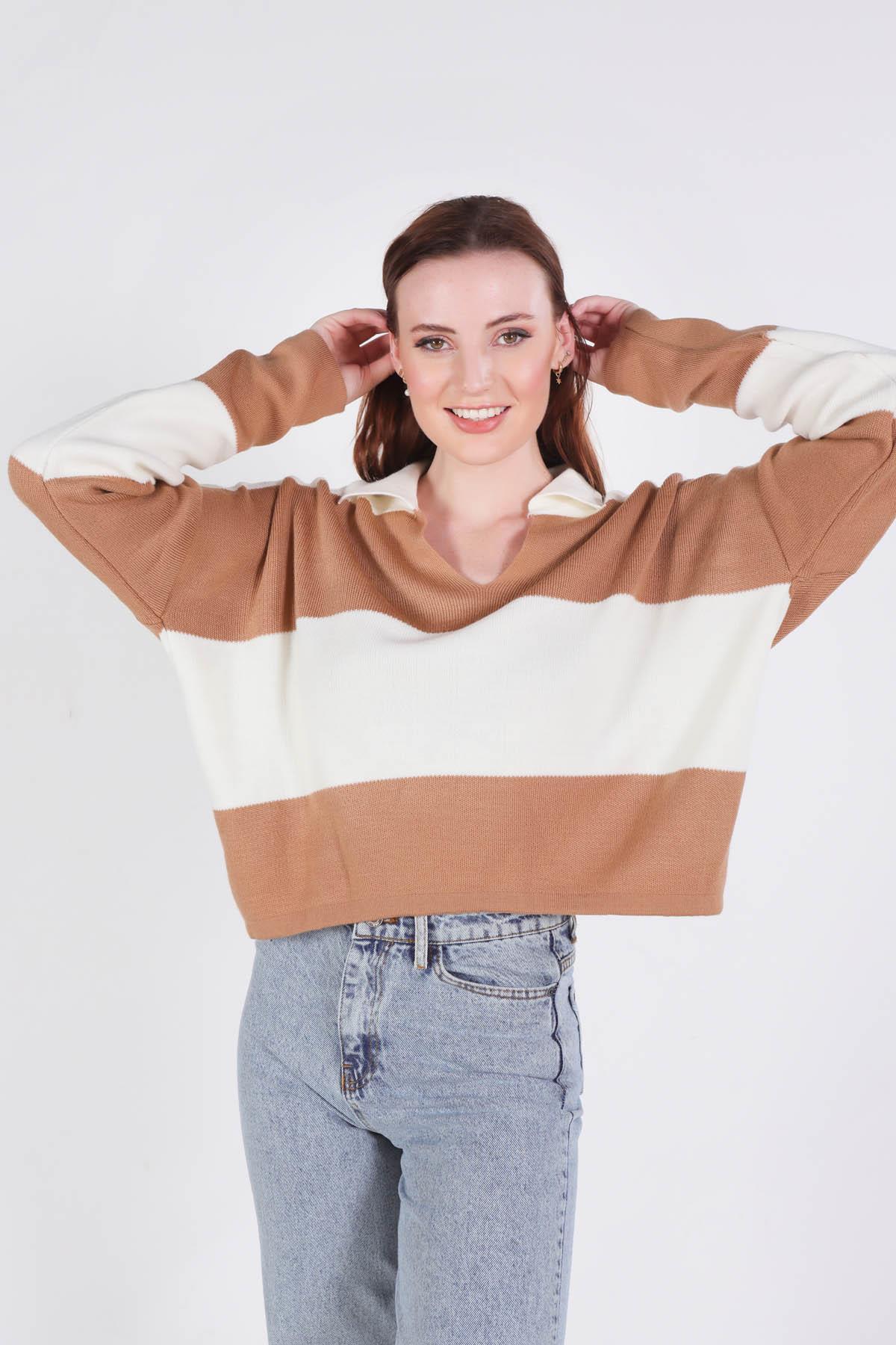 6014 Çizgili Polo Yaka Kazak Bisküvi - 3