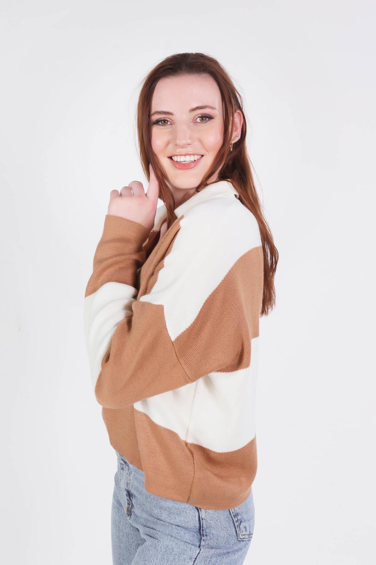 Bisküvi Çizgili Polo Yaka Kazak 6014 - 2