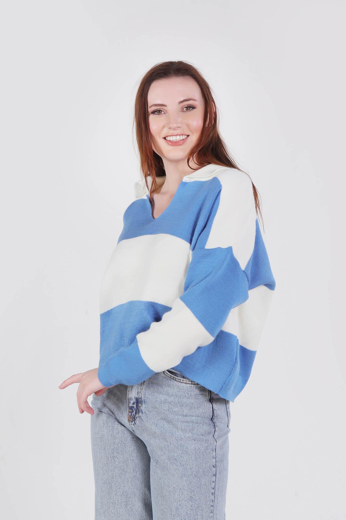 İndigo Çizgili Polo Yaka Kazak 6014 