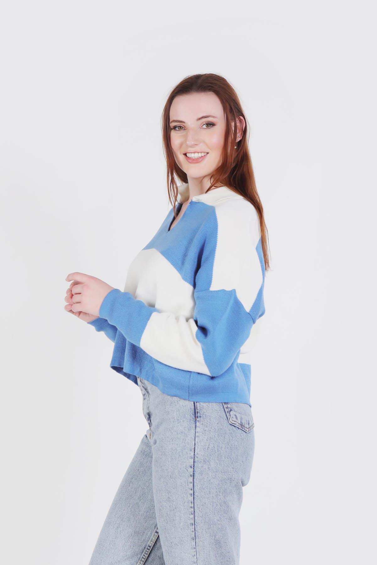 6014 Çizgili Polo Yaka Kazak İndigo - 2