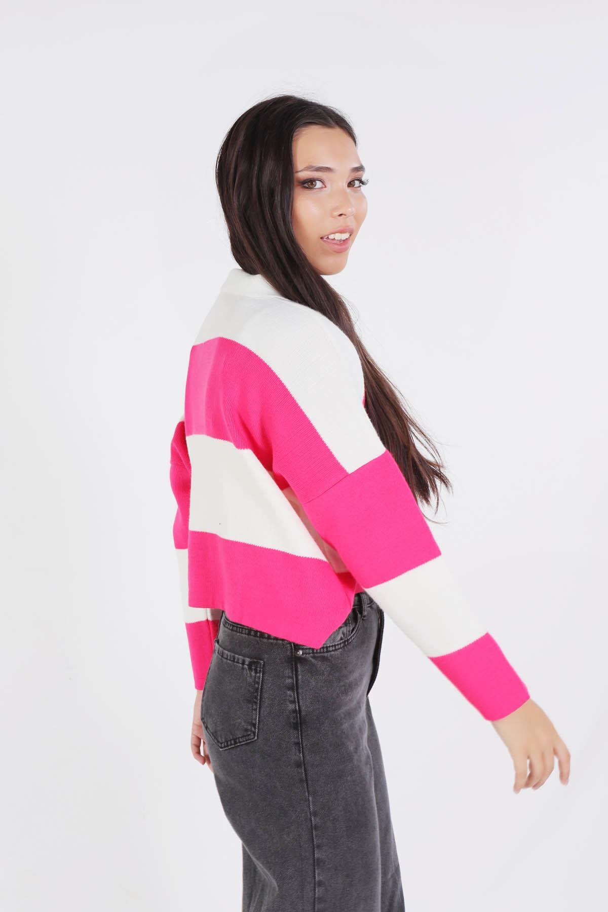 6014 Çizgili Polo Yaka Kazak Pembe - 3