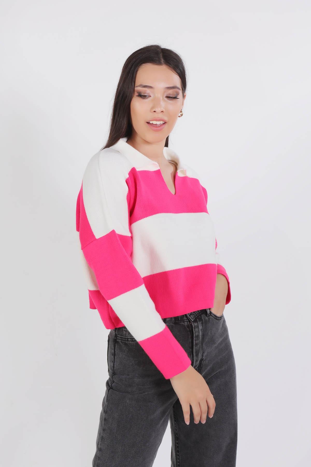 6014 Çizgili Polo Yaka Kazak Pembe - 4