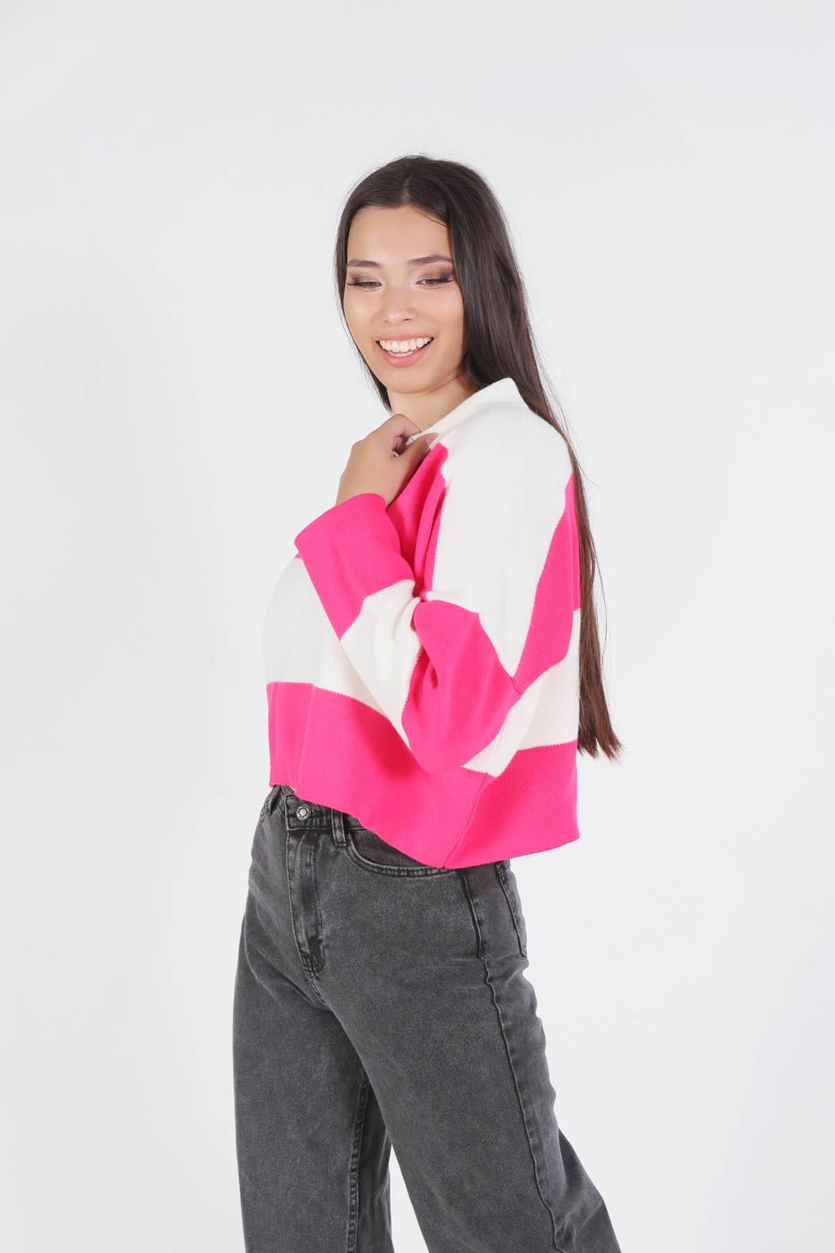 6014 Çizgili Polo Yaka Kazak Pembe - 2