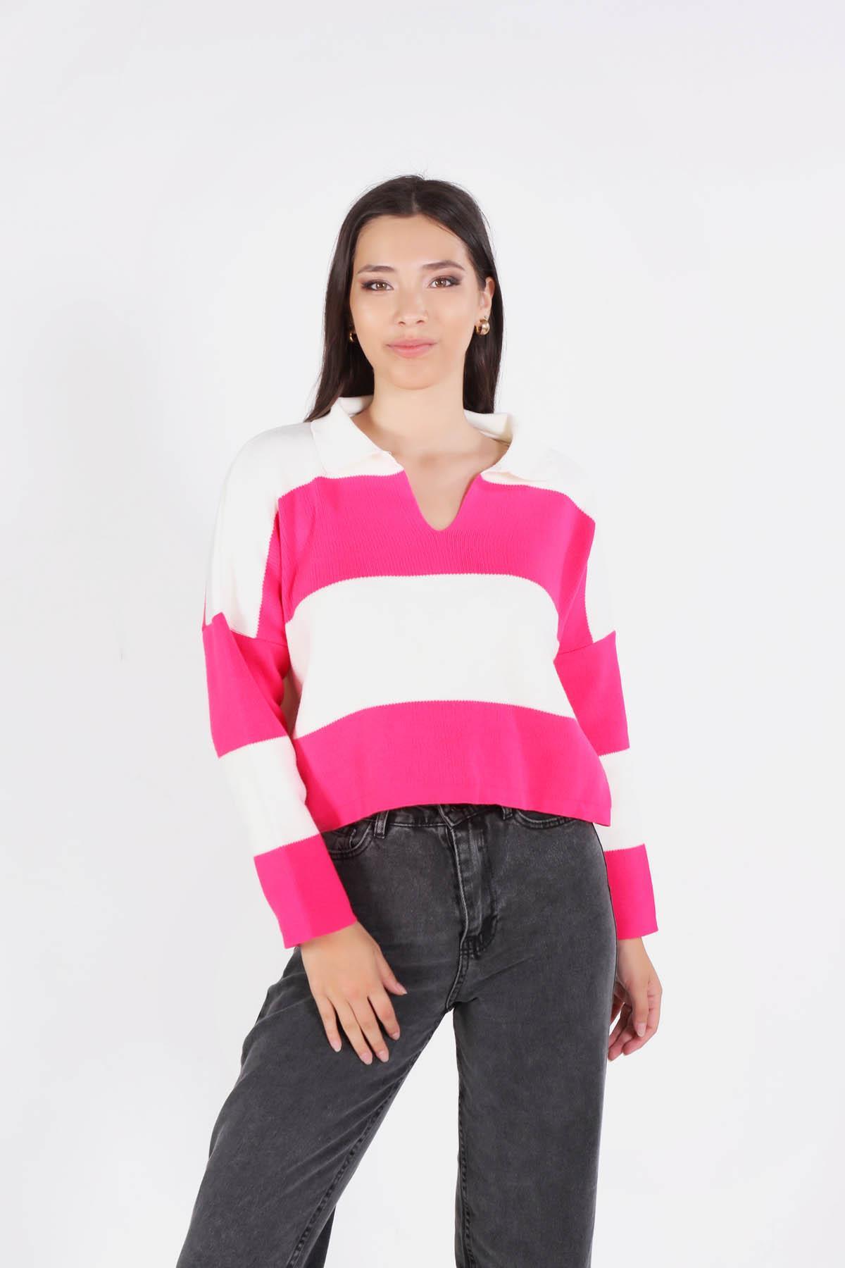 Pembe Çizgili Polo Yaka Kazak 6014 