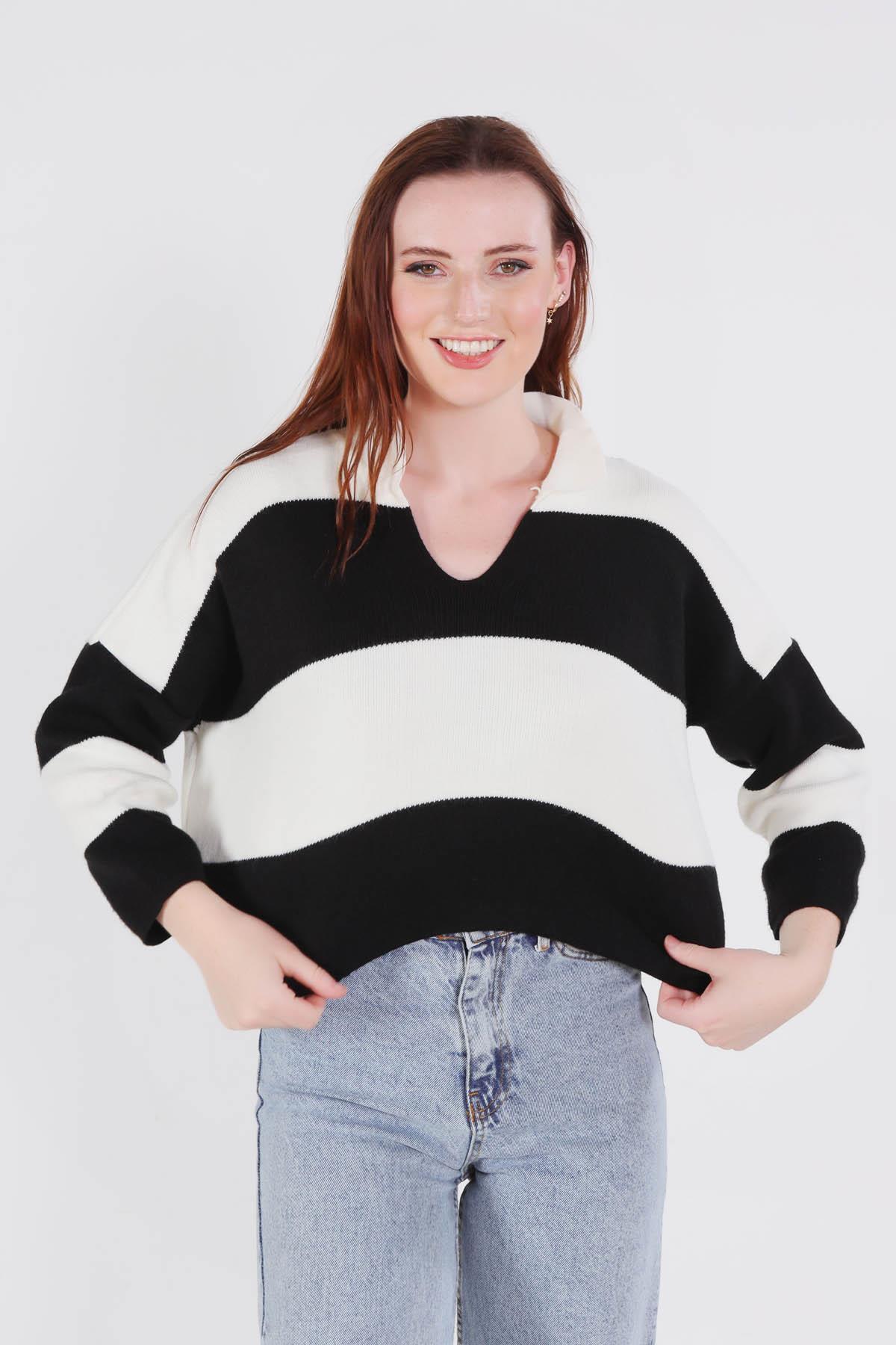 6014 Çizgili Polo Yaka Kazak Siyah 